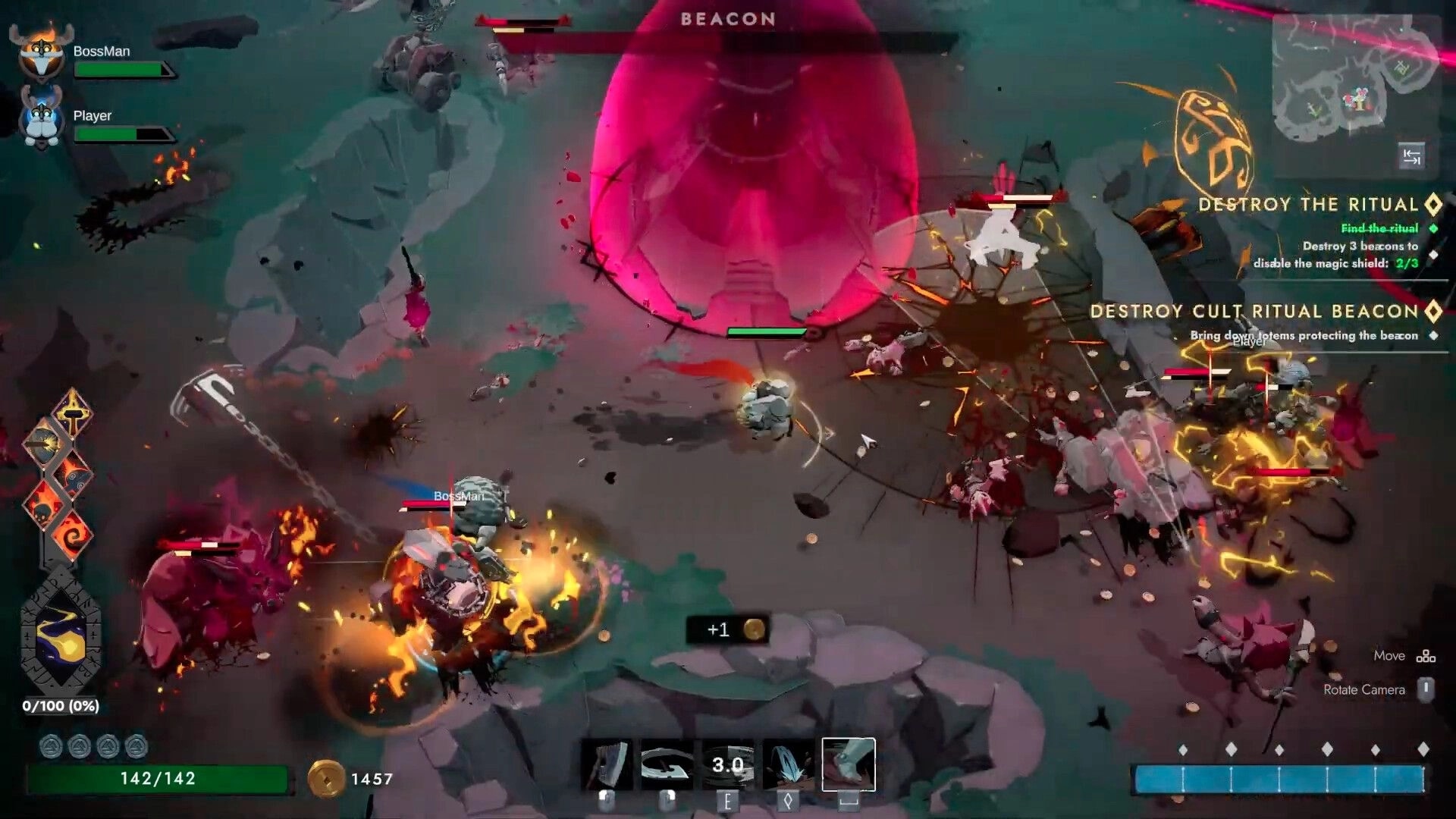 Chosen by Odin: Co-op fight to destroy a cult ritual beacon under a huge pink shield on rocky ground.