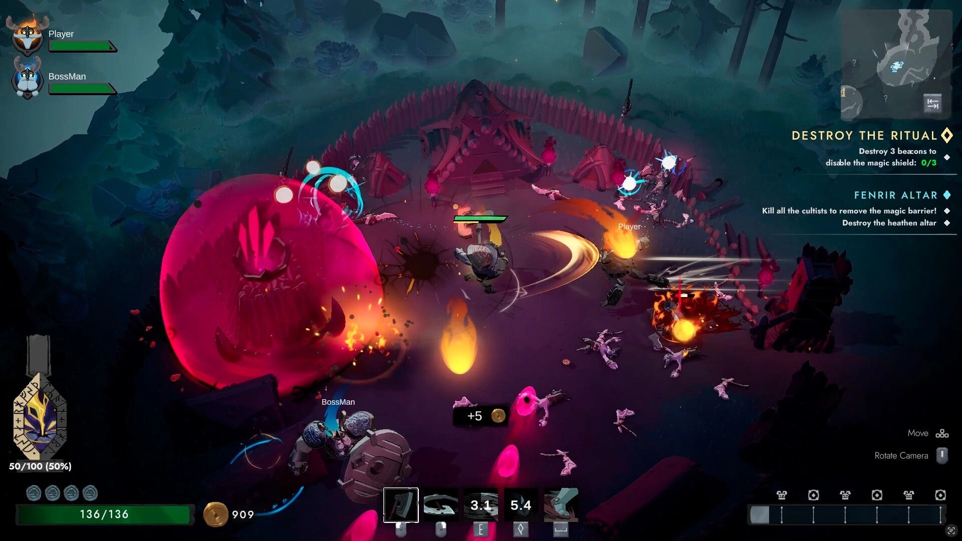 Chosen by Odin: Co-op battle at Fenrir Altar with red shield dome and Destroy the Ritual objective UI.
