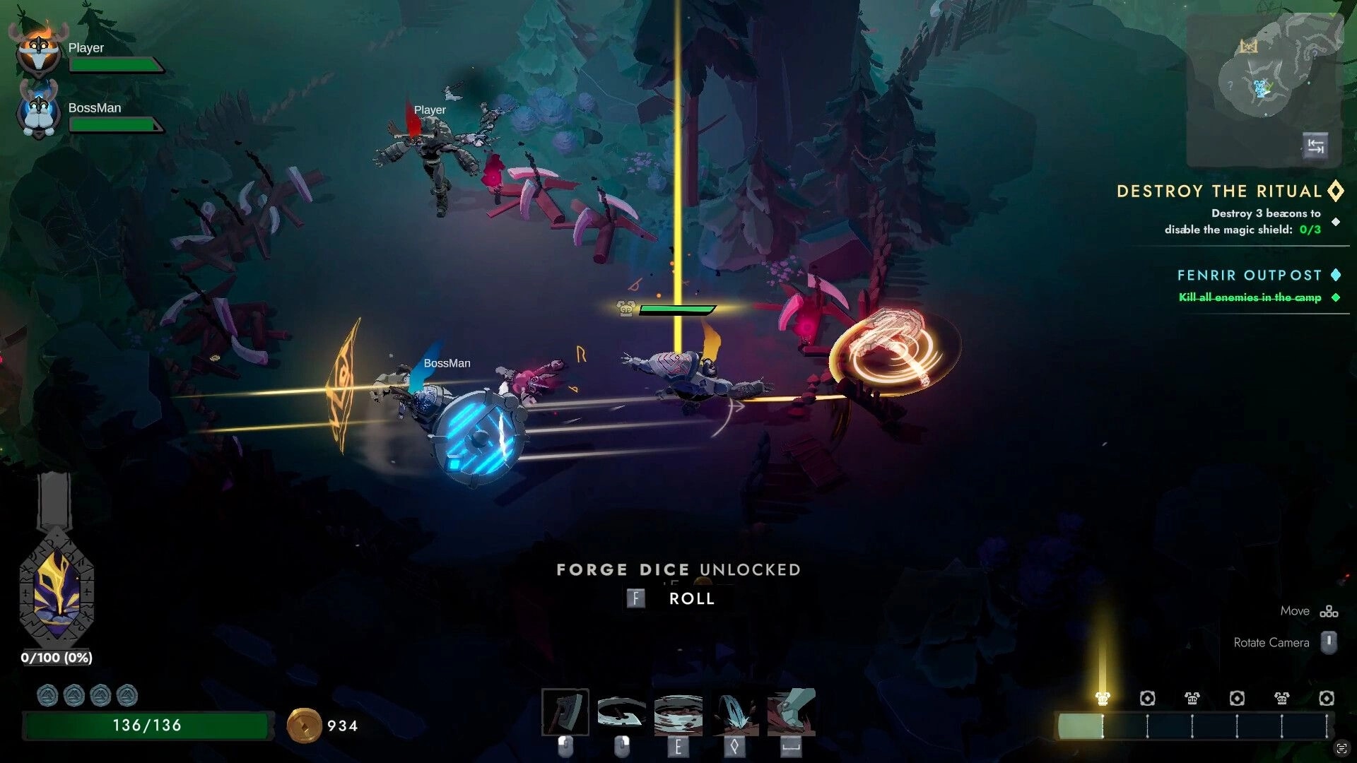 Chosen by Odin: Co-op heroes fight at Fenrir Outpost with forge dice unlocked prompt in dark forest camp.