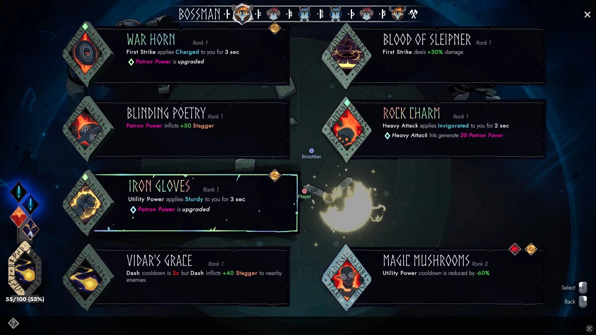 Chosen by Odin: Upgrade selection menu with rune perks like War Horn and Rock Charm on dark screen.