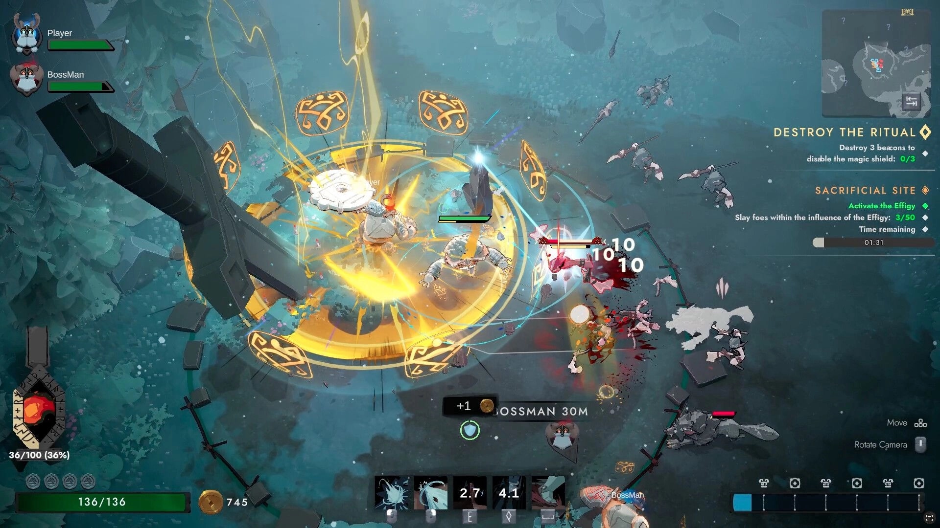 Chosen by Odin: Co-op battle with rune shockwave hitting cultists at a sacrificial site in ruins.