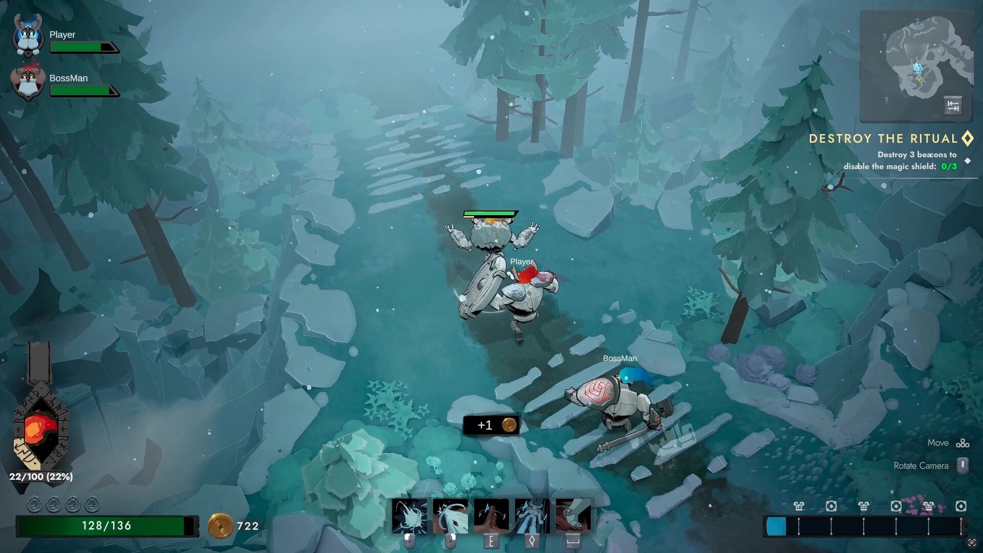 Chosen by Odin: Two co-op warriors explore snowy forest path with quest UI “Destroy the ritual” 0/3.