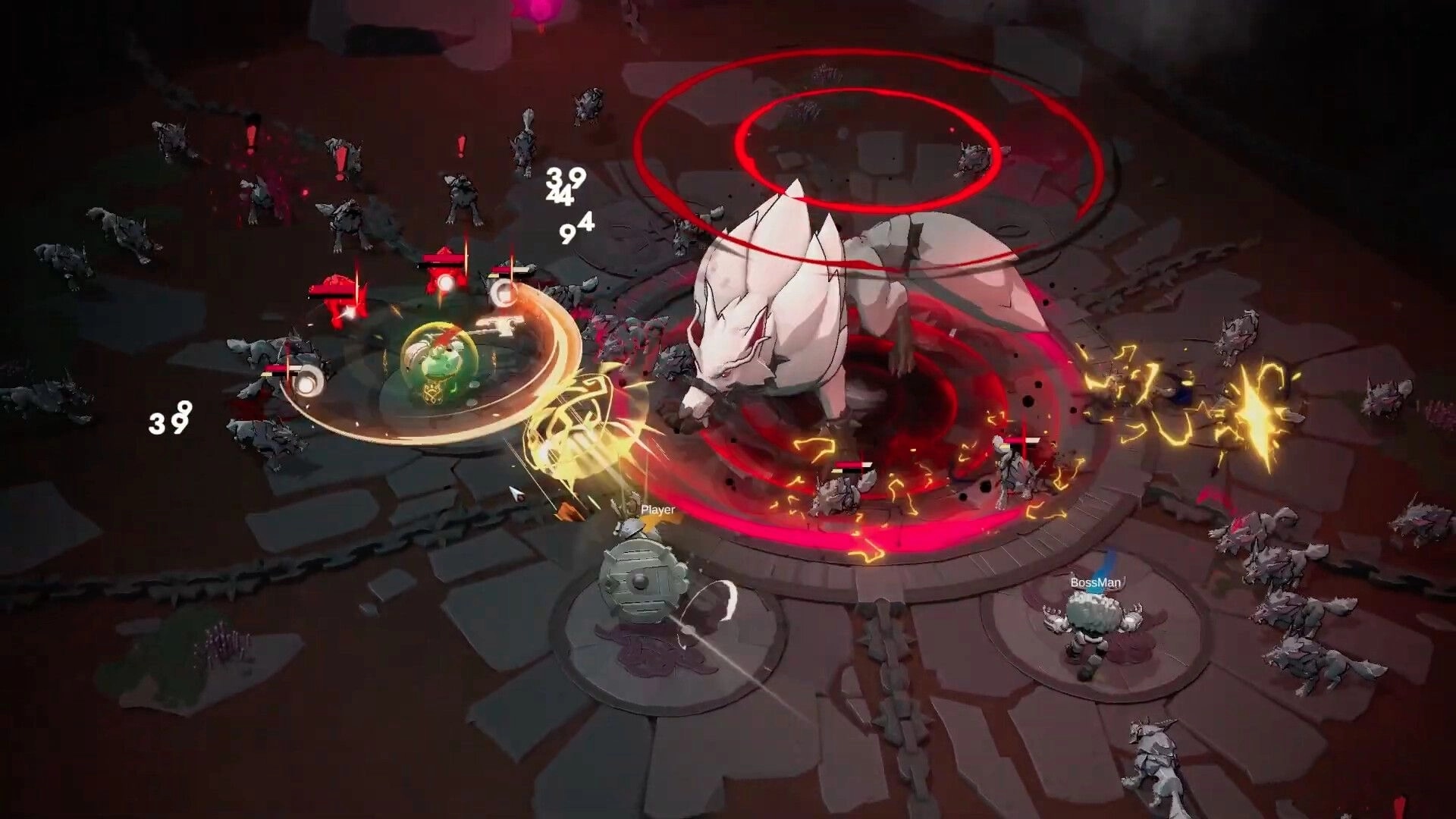 Chosen by Odin: Co-op boss fight vs giant white wolf with red AoE rings on a stone arena floor.