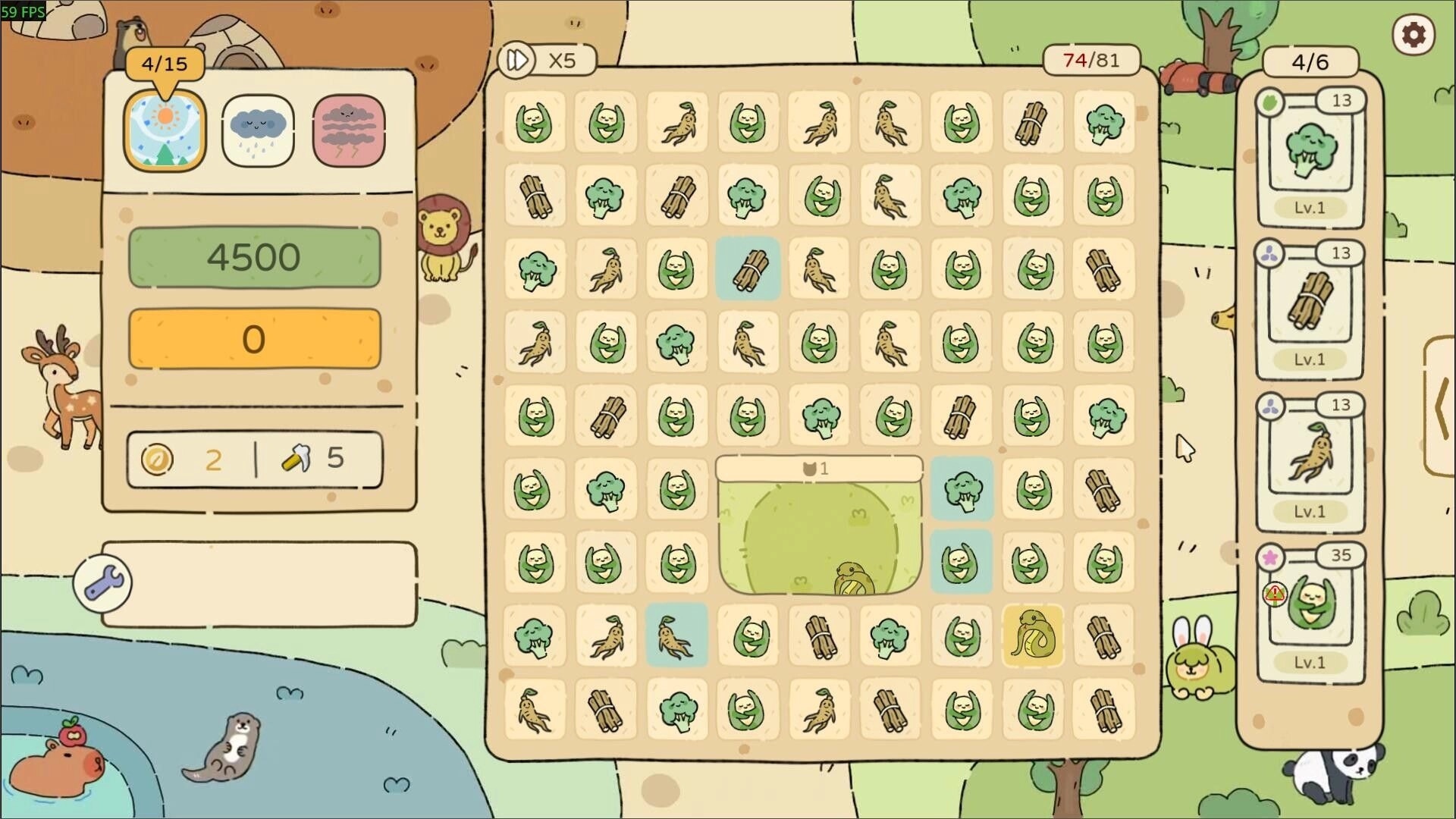 Chosen Garden: Grid-based puzzle with plant icons and weather options in a colorful garden setting