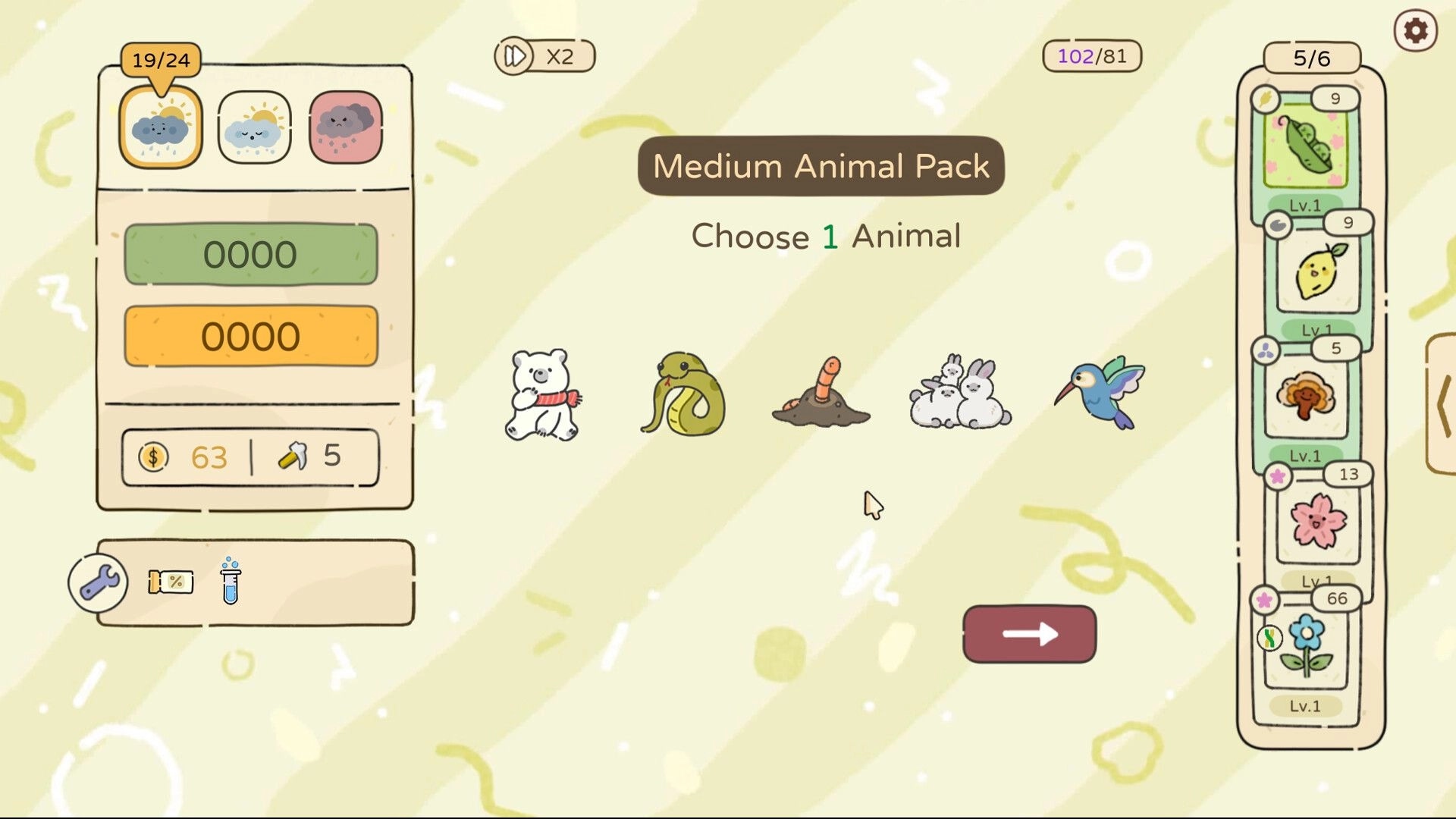 Chosen Garden: Animal selection menu with bear, snake, worm, rabbits, and hummingbird options