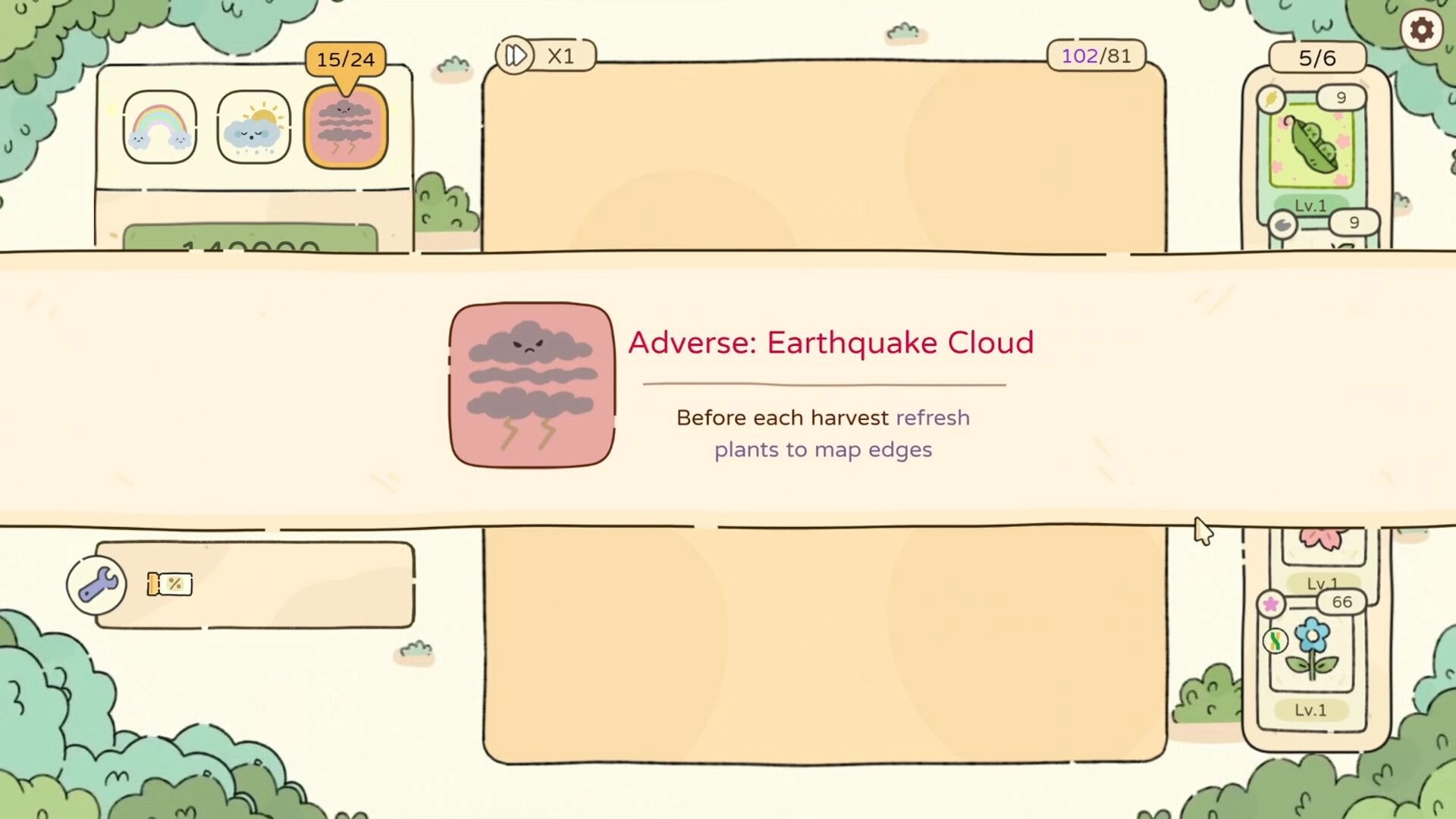Chosen Garden: Earthquake Cloud effect card with plant update and weather status in garden interface