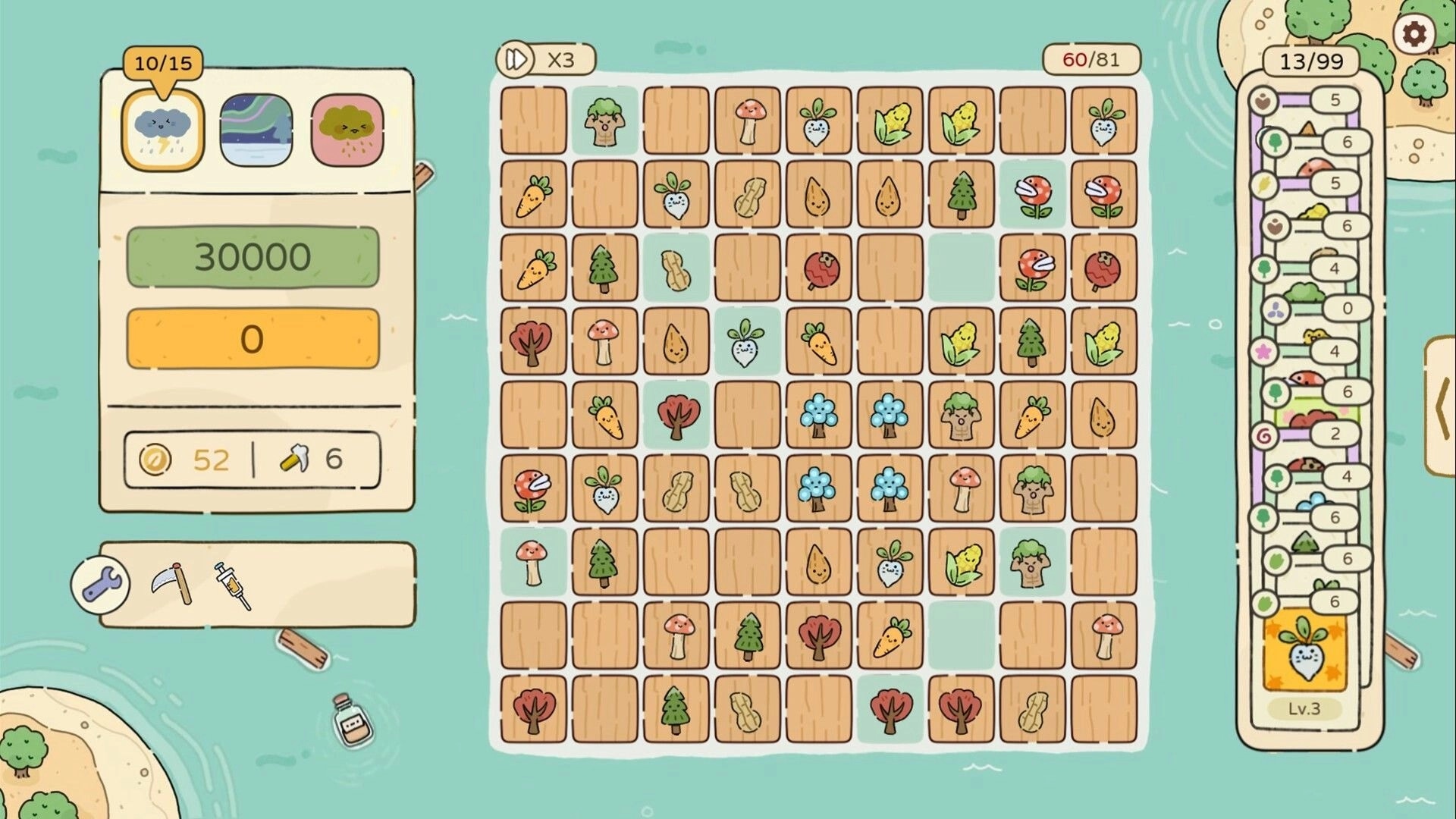 Chosen Garden: Grid of diverse plant icons with tool selection and score display in a garden setting