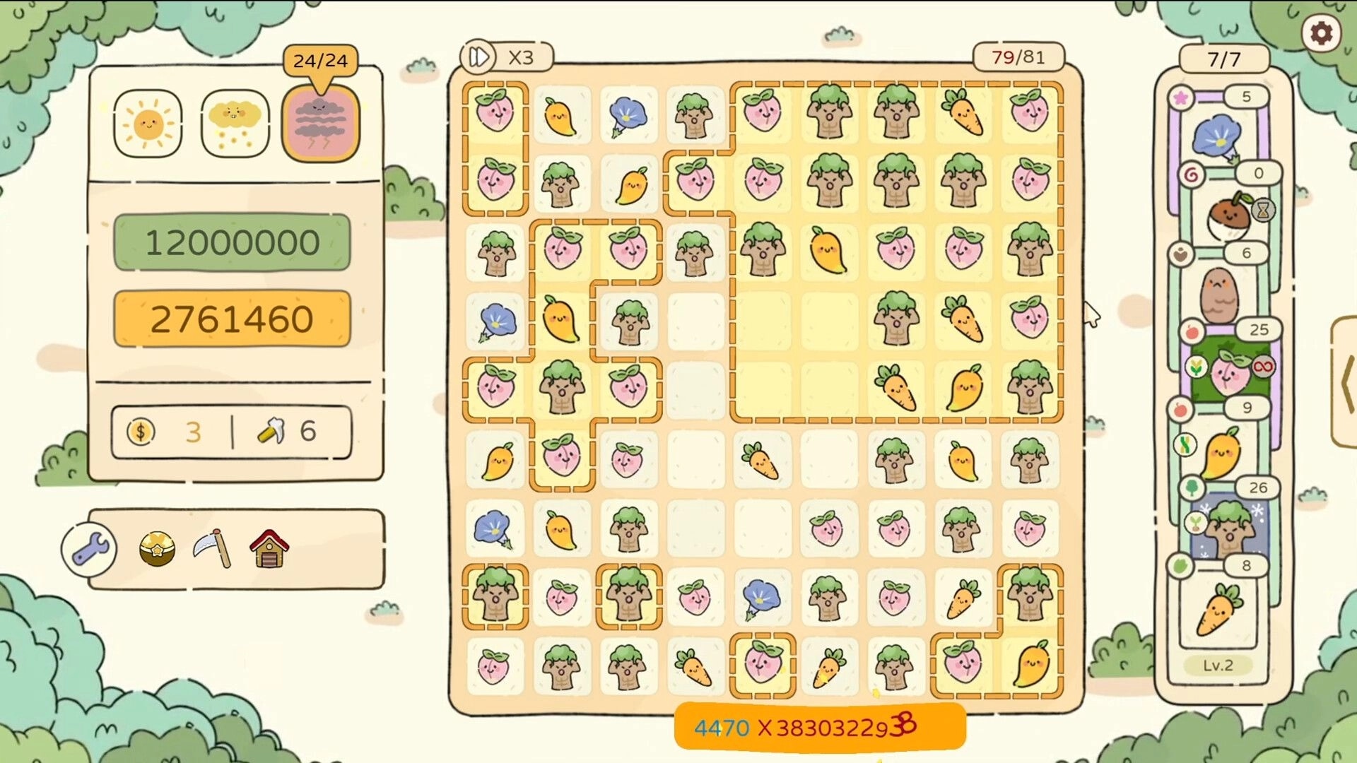 Chosen Garden: Plant matching grid with various fruit icons and score panel in a whimsical garden setting.