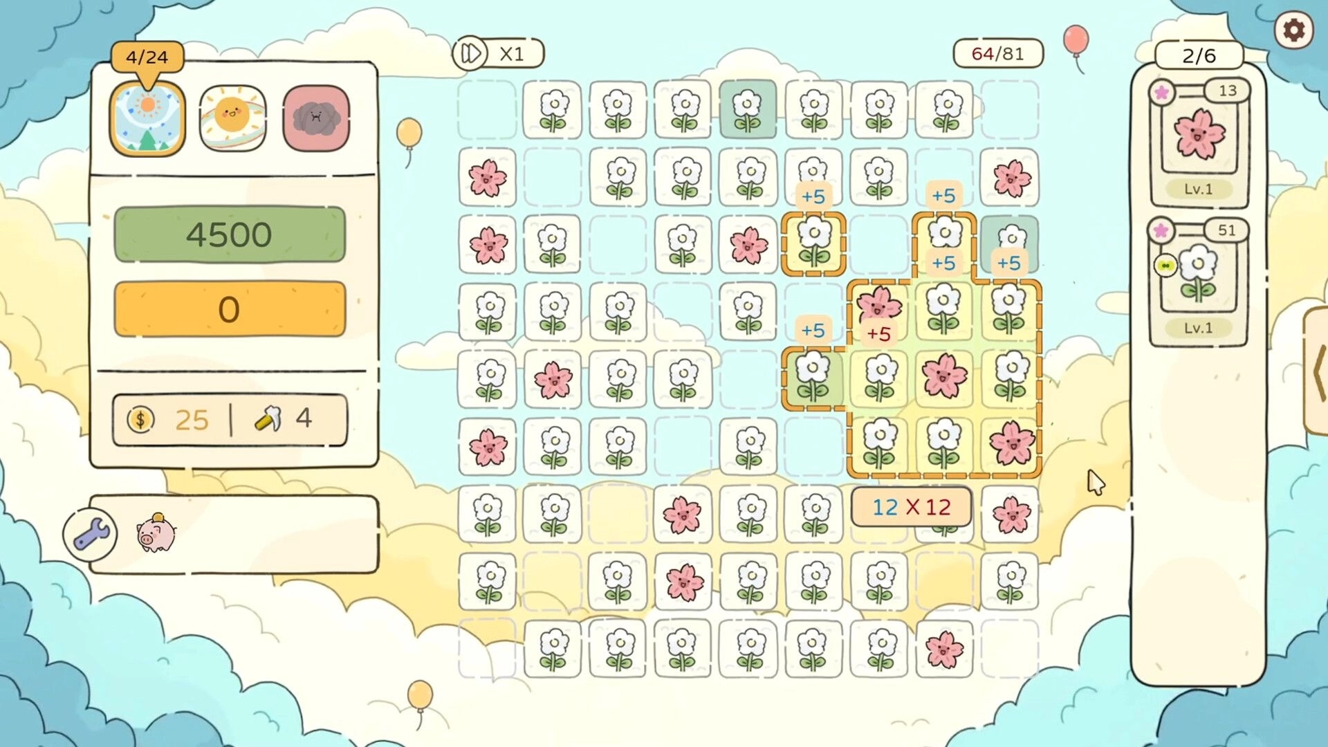 Chosen Garden: Grid layout with flowers, score display, and inventory icons in a cloudy sky setting