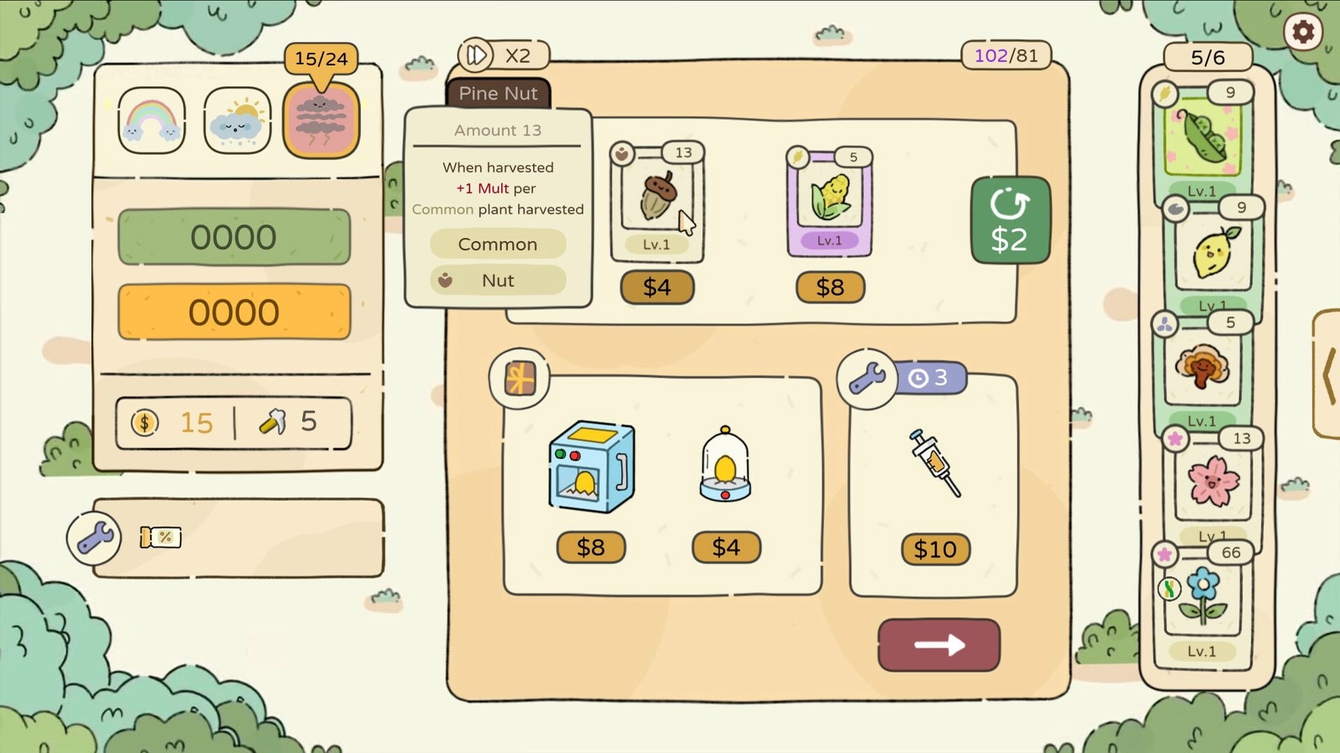 Chosen Garden: Inventory screen displaying plant cards, tools, and currency in a garden setting
