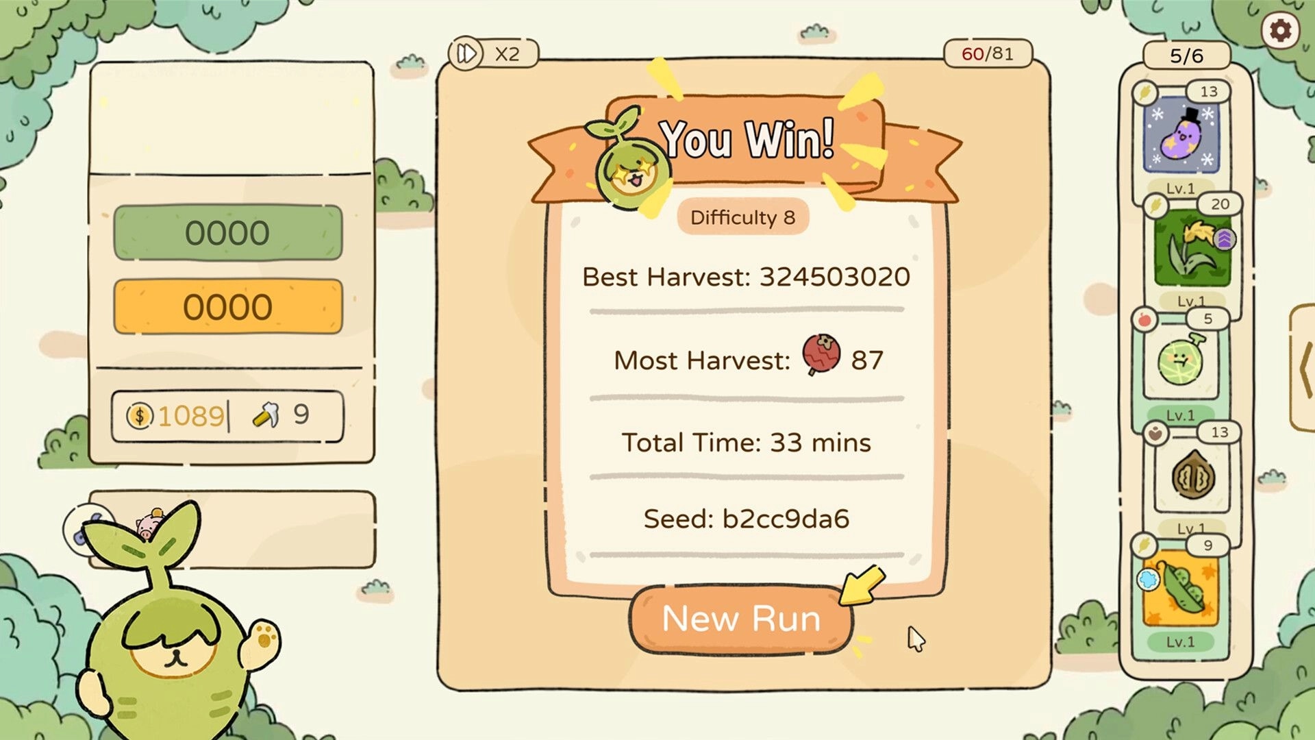 Chosen Garden: Victory screen with harvest stats, difficulty, and plant deck on the right side