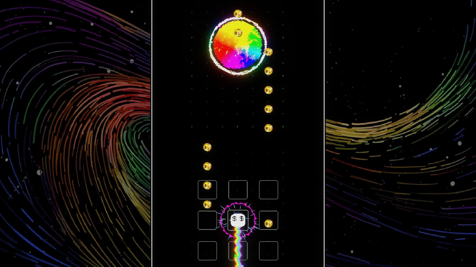 Chromadi: Rainbow beam ship collects gold orbs under a color planet in starry space lanes.