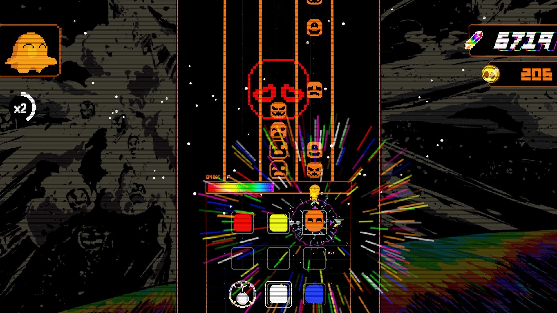 Chromadi: Color blocks blasting stacked orange enemies with score UI in a dark space canyon arena.
