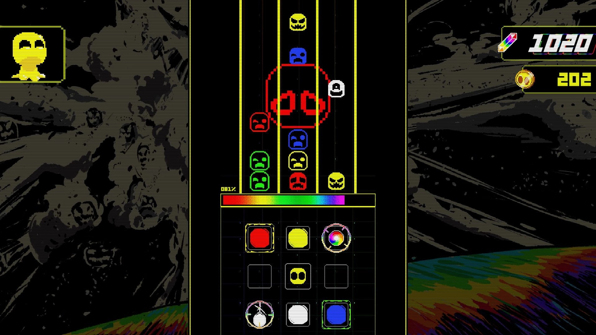Chromadi: Color tiles and falling Chromies with score HUD over a dark space canyon backdrop.