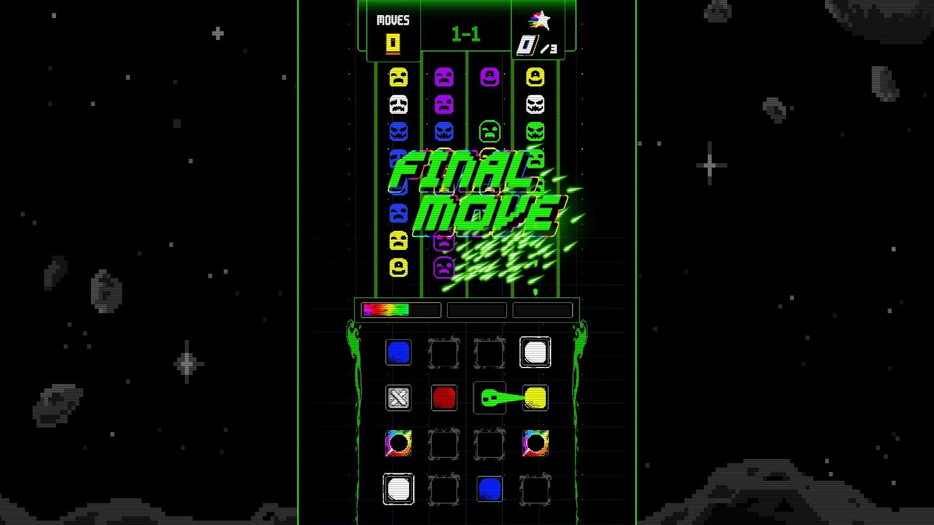 Chromadi: Final Move prompt over color-face columns and tile grid UI in neon space backdrop.