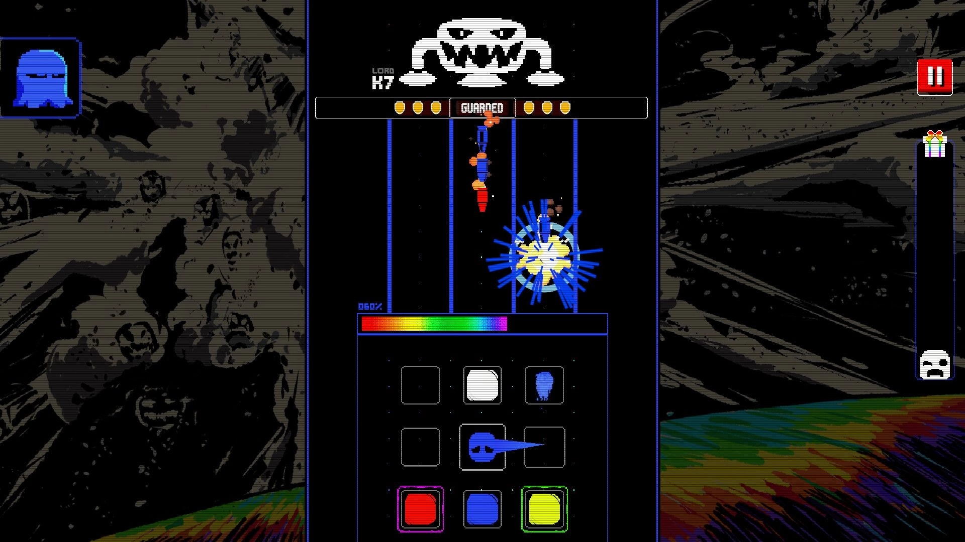 Chromadi: Blue ship fires upward at guarded boss, with color meter and grid UI over space backdrop.