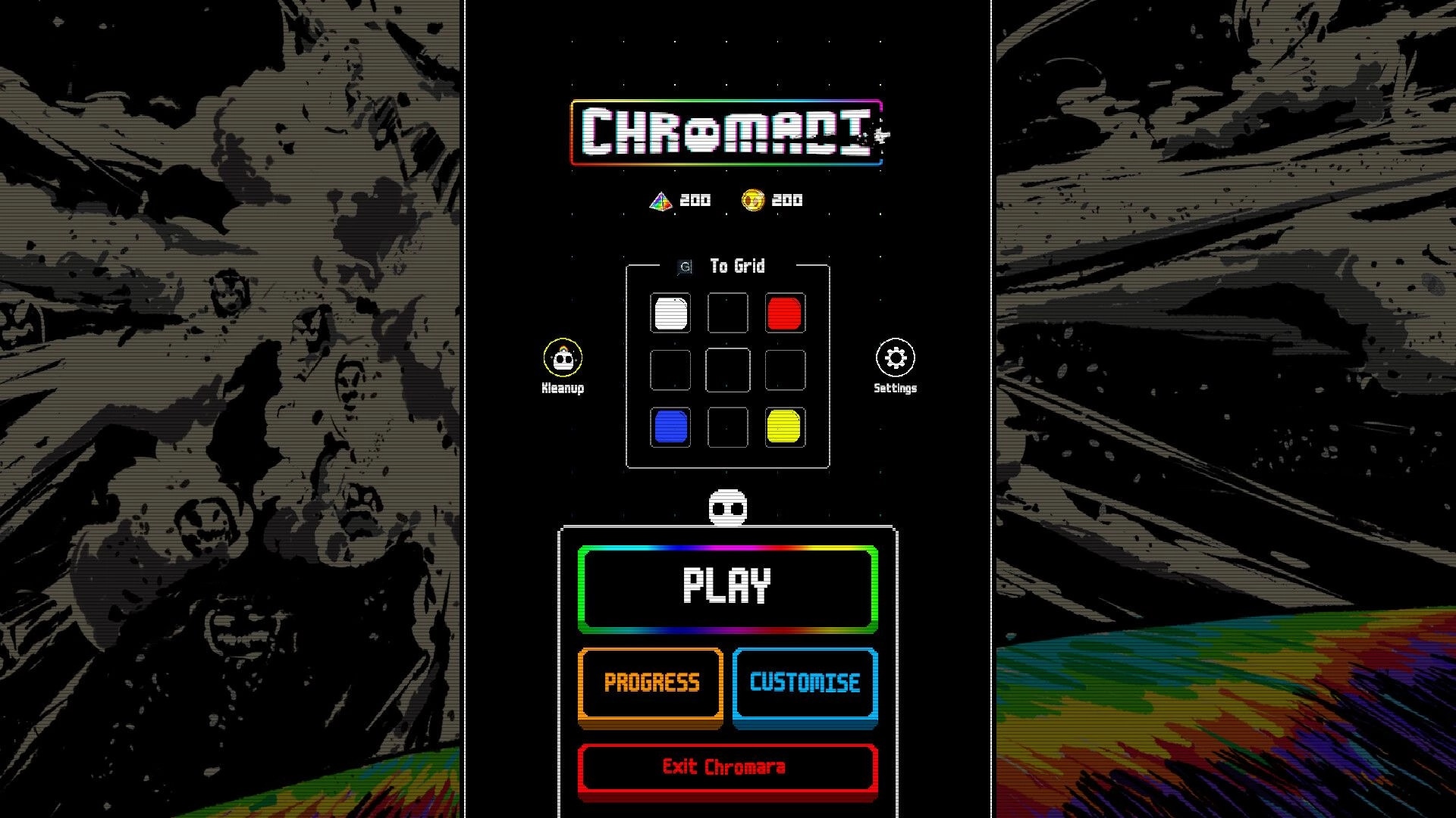 Chromadi: Main menu with color grid, Play/Progress/Customise buttons over starry backdrop.