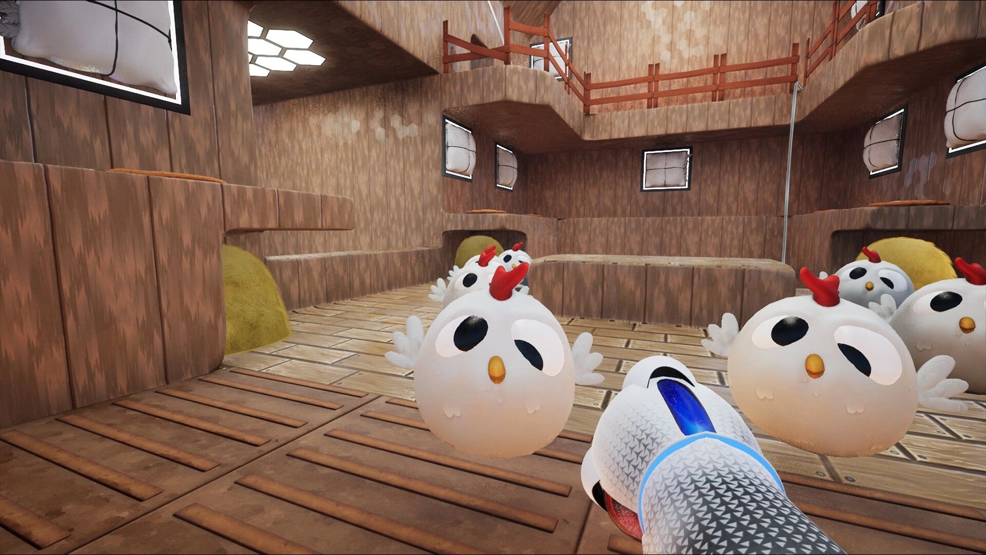 ChromaGun 2: Aiming paint gun at cartoon chicken creatures in a wooden room with loft and windows