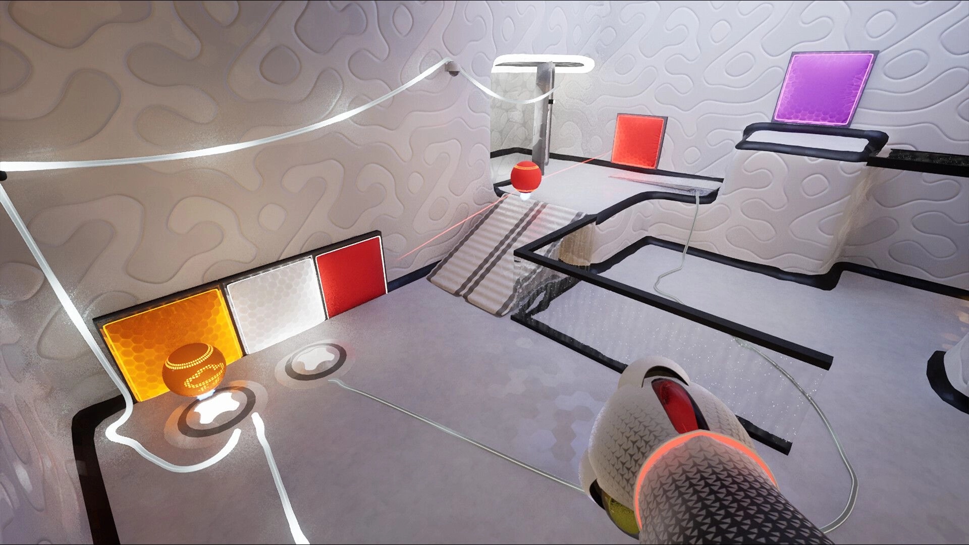 ChromaGun 2: Player aims paint gun at colored panels in a futuristic puzzle room with ramps and barriers.