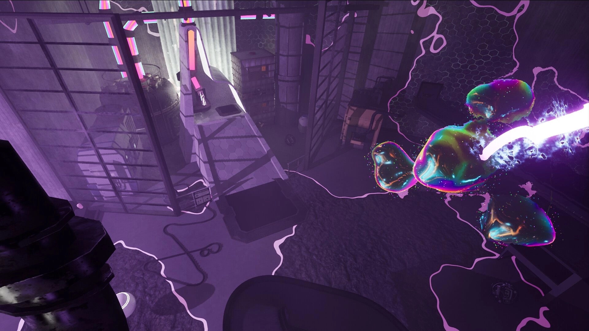 ChromaGun 2: Player shoots vibrant blobs in futuristic industrial facility with purple lighting effects