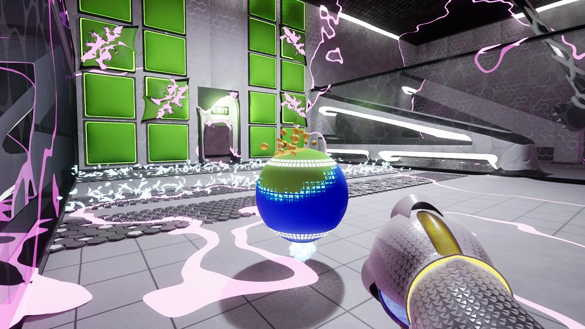 ChromaGun 2: Player aims paint gun at floating orb in futuristic room with green panels and exit door