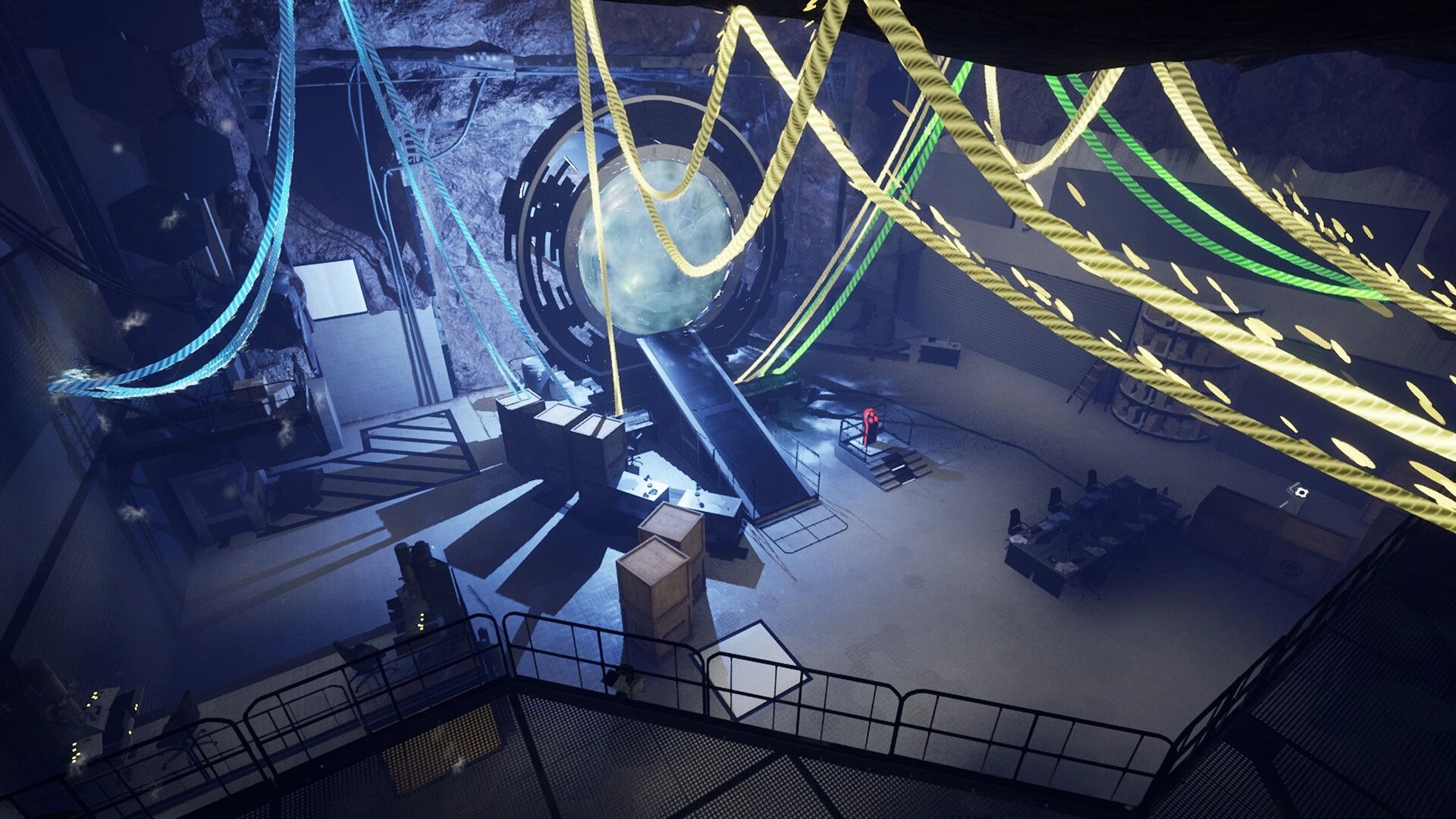 ChromaGun 2: Player in underground lab facing massive glowing portal with colored cables above