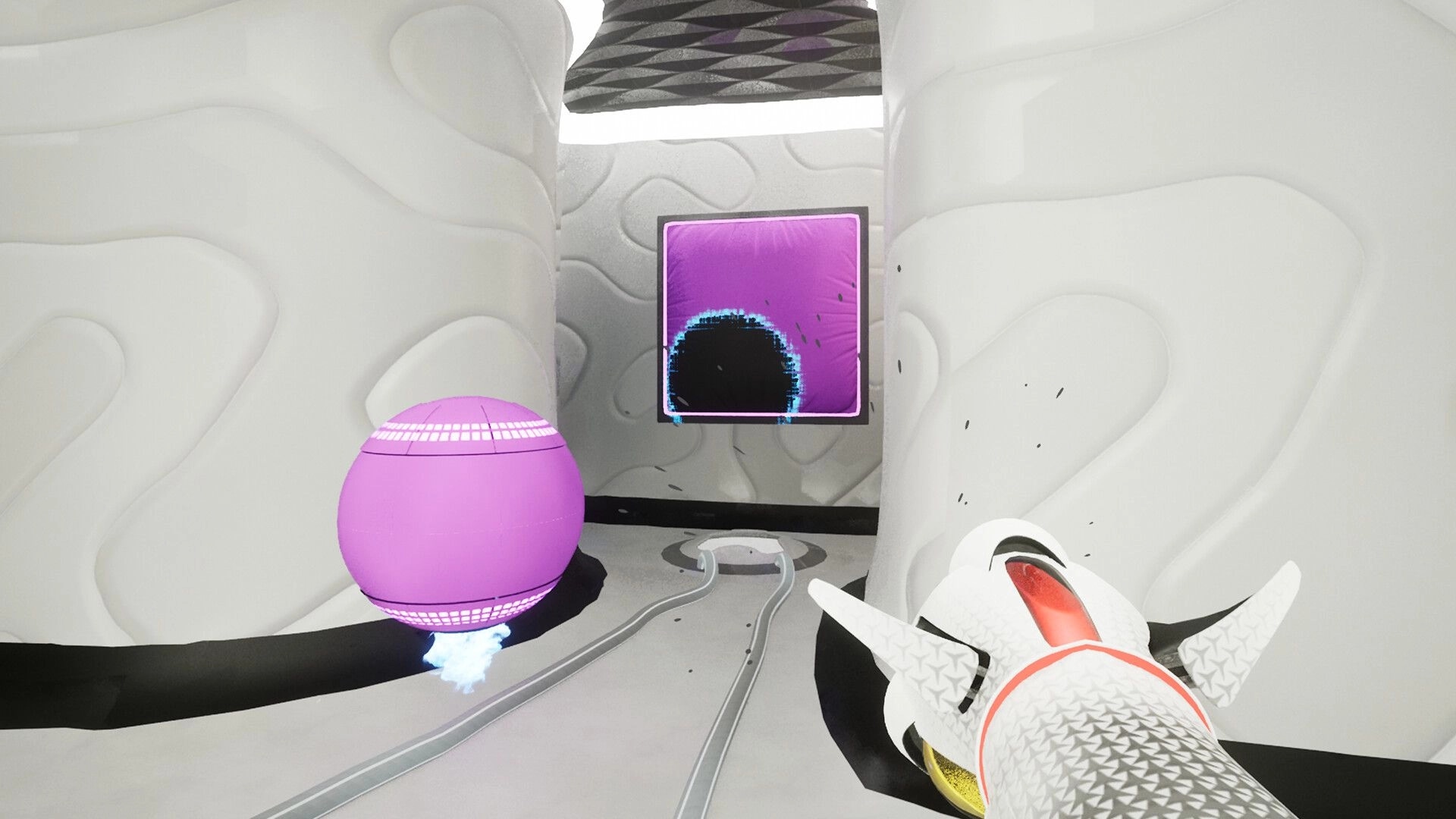 ChromaGun 2: Painting a target with a purple sphere in a futuristic white corridor environment
