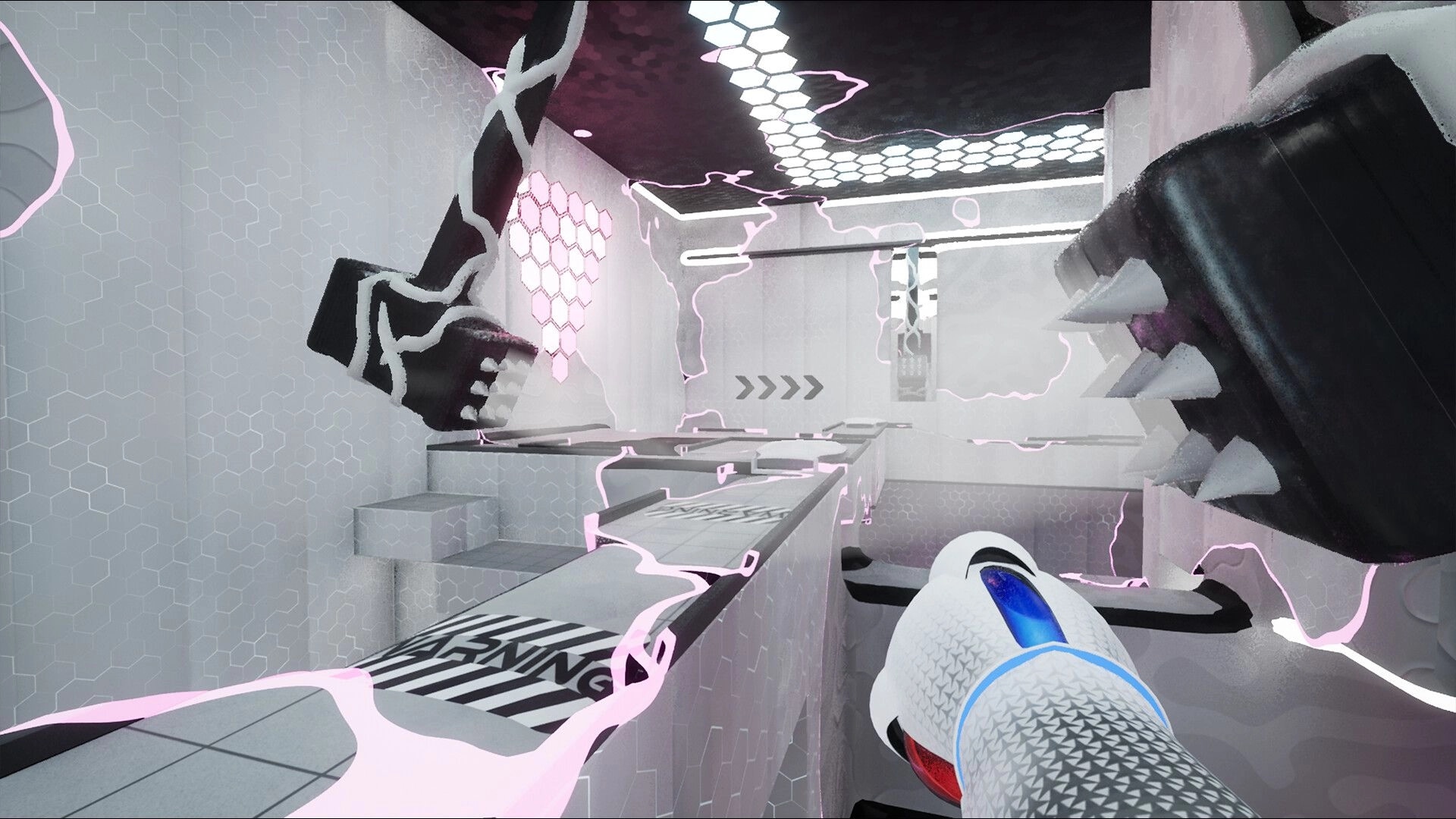 ChromaGun 2: Player aiming paint gun in futuristic, hexagonal room with platforms and glowing edges.