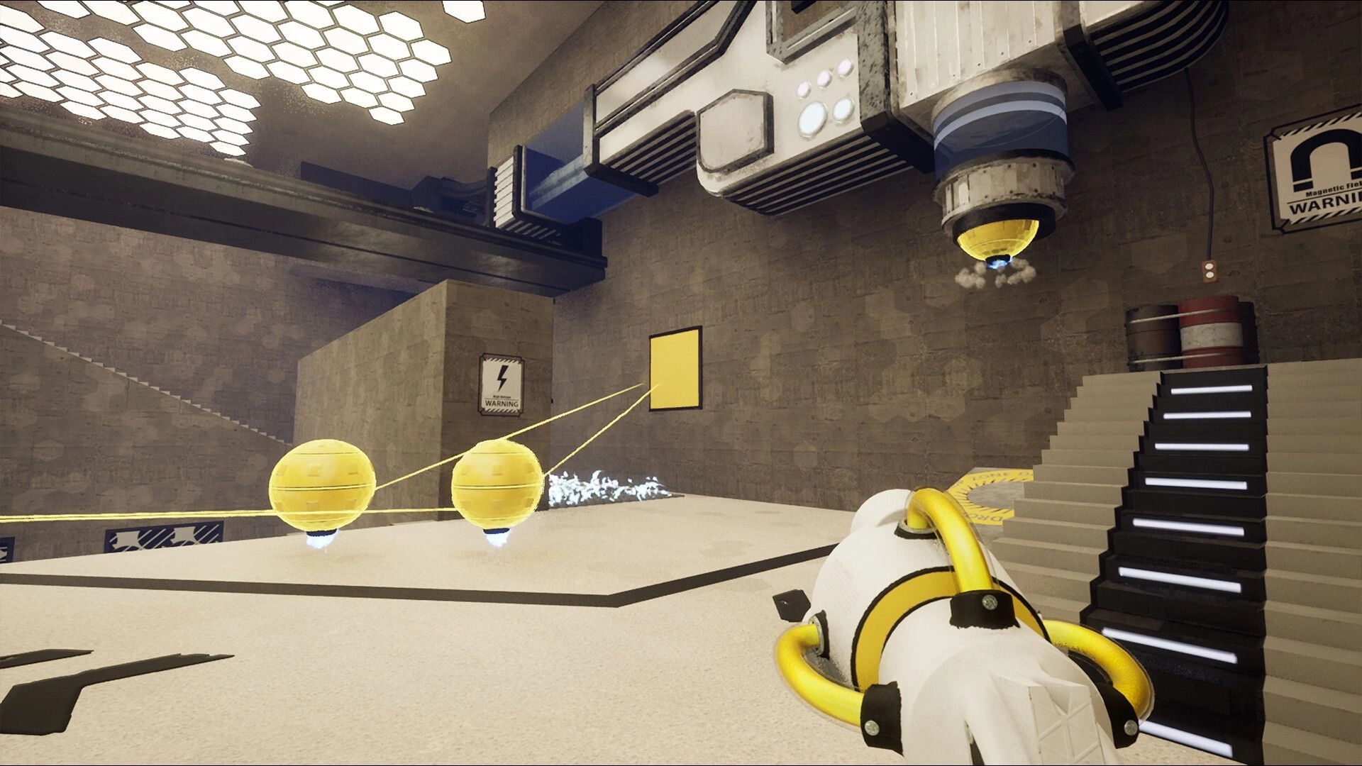 ChromaGun 2: Player aims paint gun at yellow orbs in industrial puzzle chamber with stairs and warning signs.