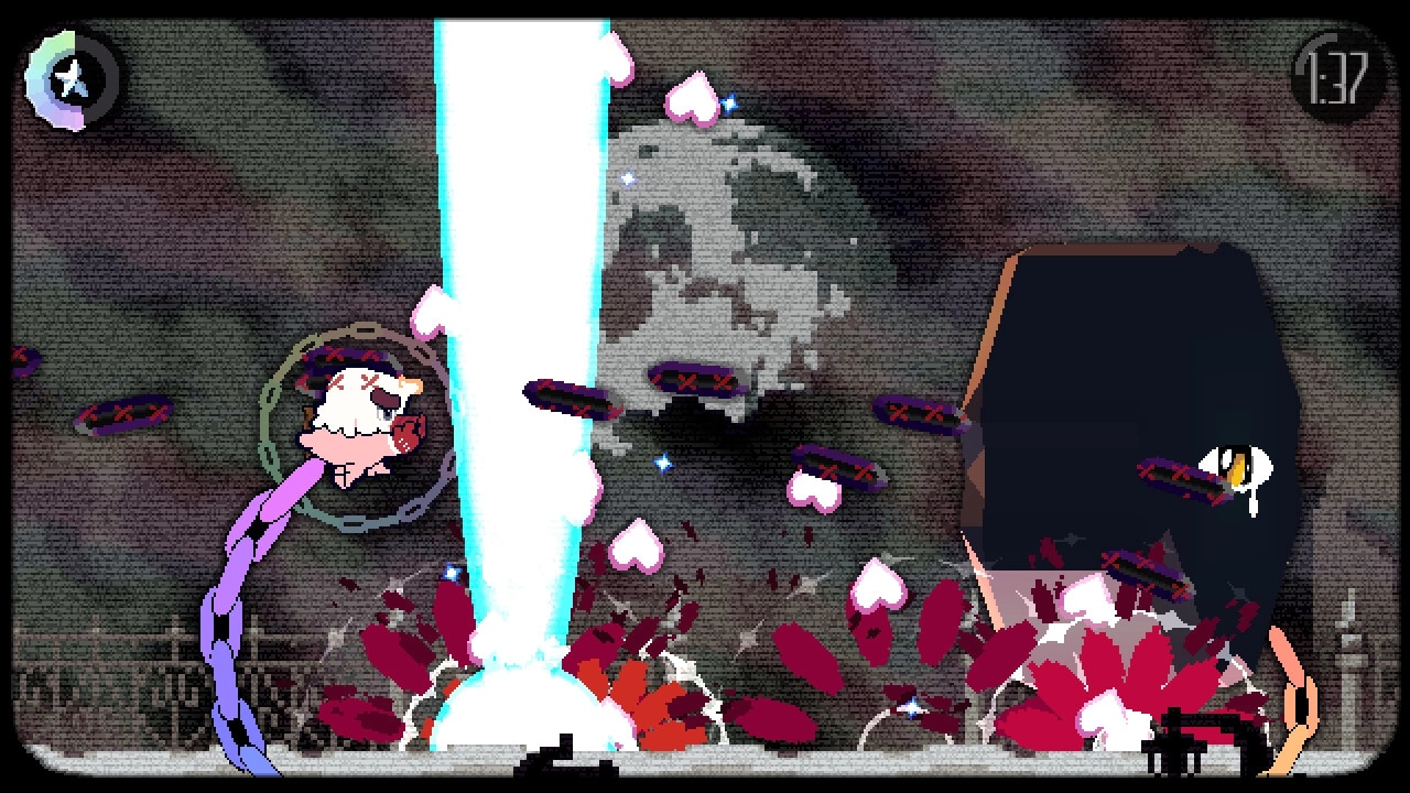 Chromahertz: Battle with giant boss, character dodges heart-shaped bullets in pixelated dark arena