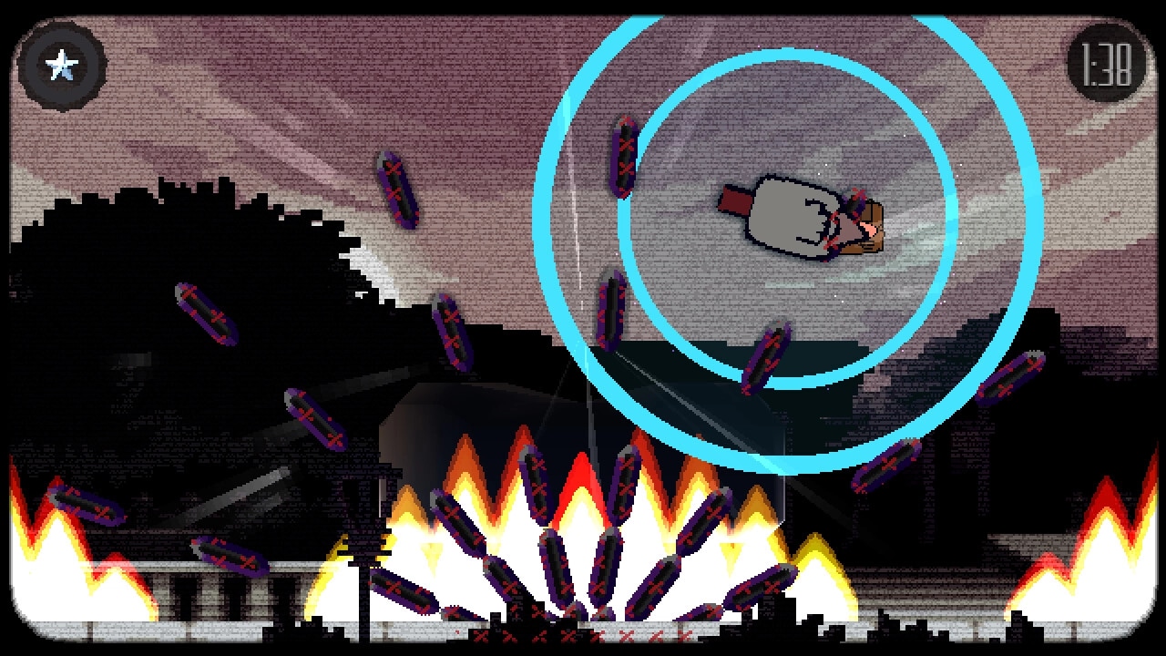 Chromahertz: Character dodges incoming bullets with blue shield amidst fiery landscape at dusk
