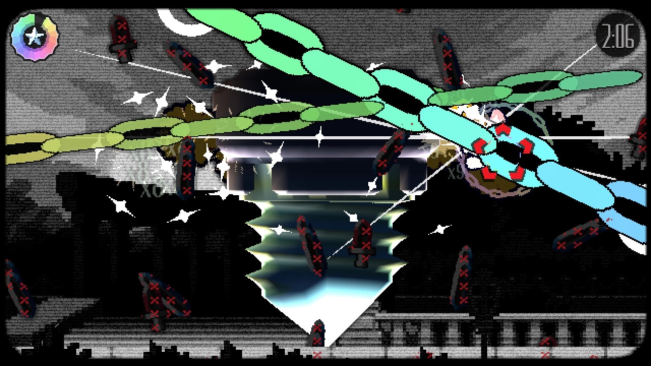 Chromahertz: Player dodges intricate bullet patterns amid vibrant beams in a monochrome cityscape.