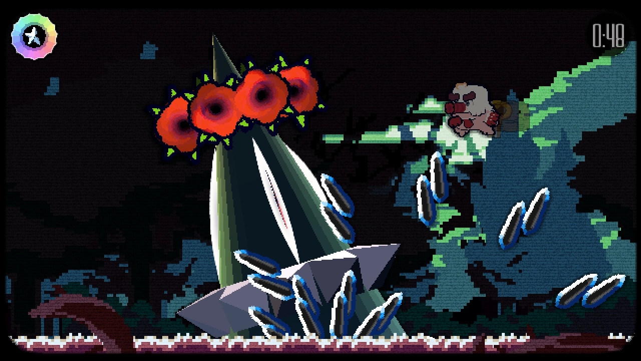 Chromahertz: Player dodging bullet patterns from a spiked flower boss in a dark, pixelated forest setting.