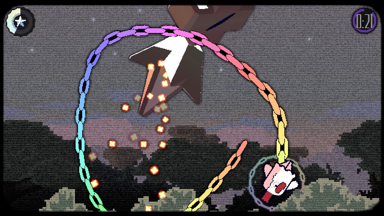 Chromahertz: Player dodges colorful bullet patterns from a large spaceship in a pixelated sky environment.