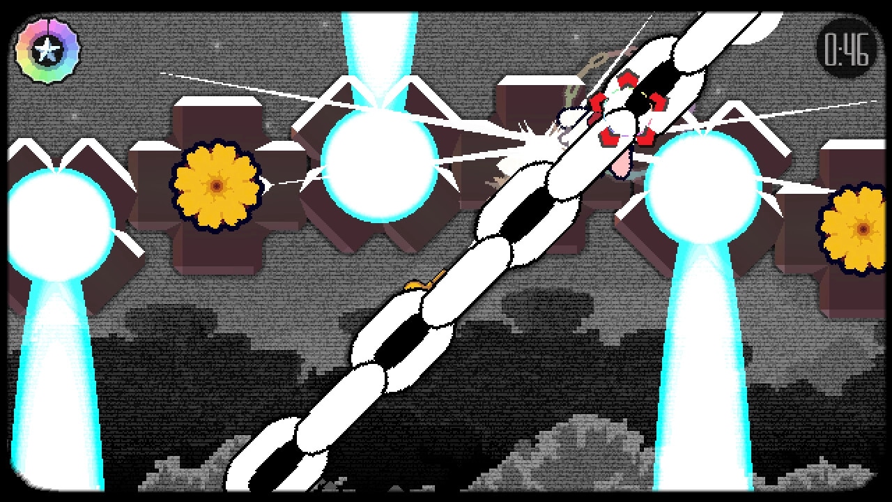 Chromahertz: Player navigates through bright blue laser beams and obstacles in a pixelated grayscale arena.