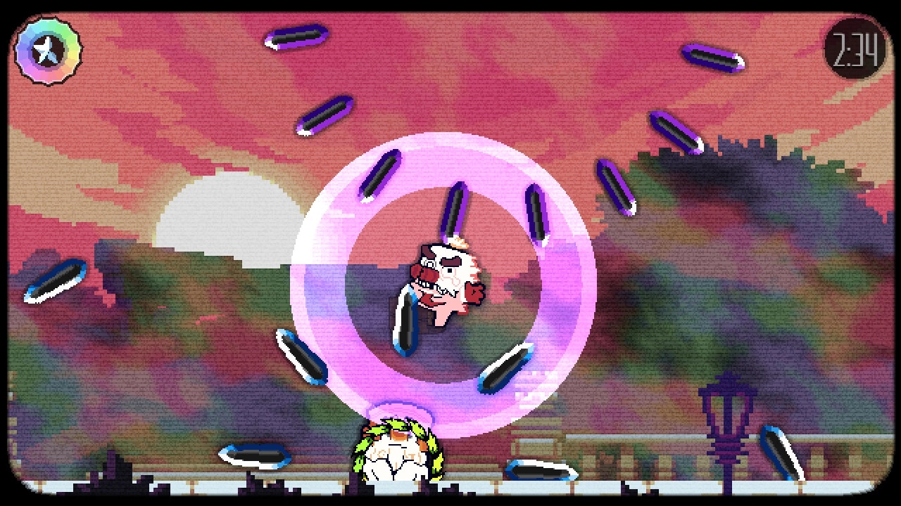 Chromahertz: Character dodging bullets with a pink shield in a sunset cityscape, timer at 2:34.