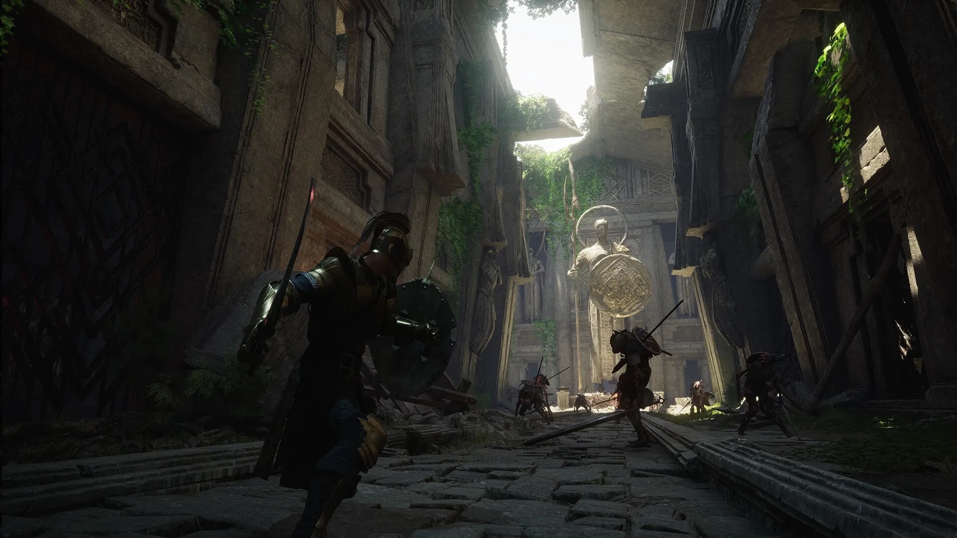 Chrono Odyssey: Knights engage in combat with creatures in ancient, vine-covered stone corridor