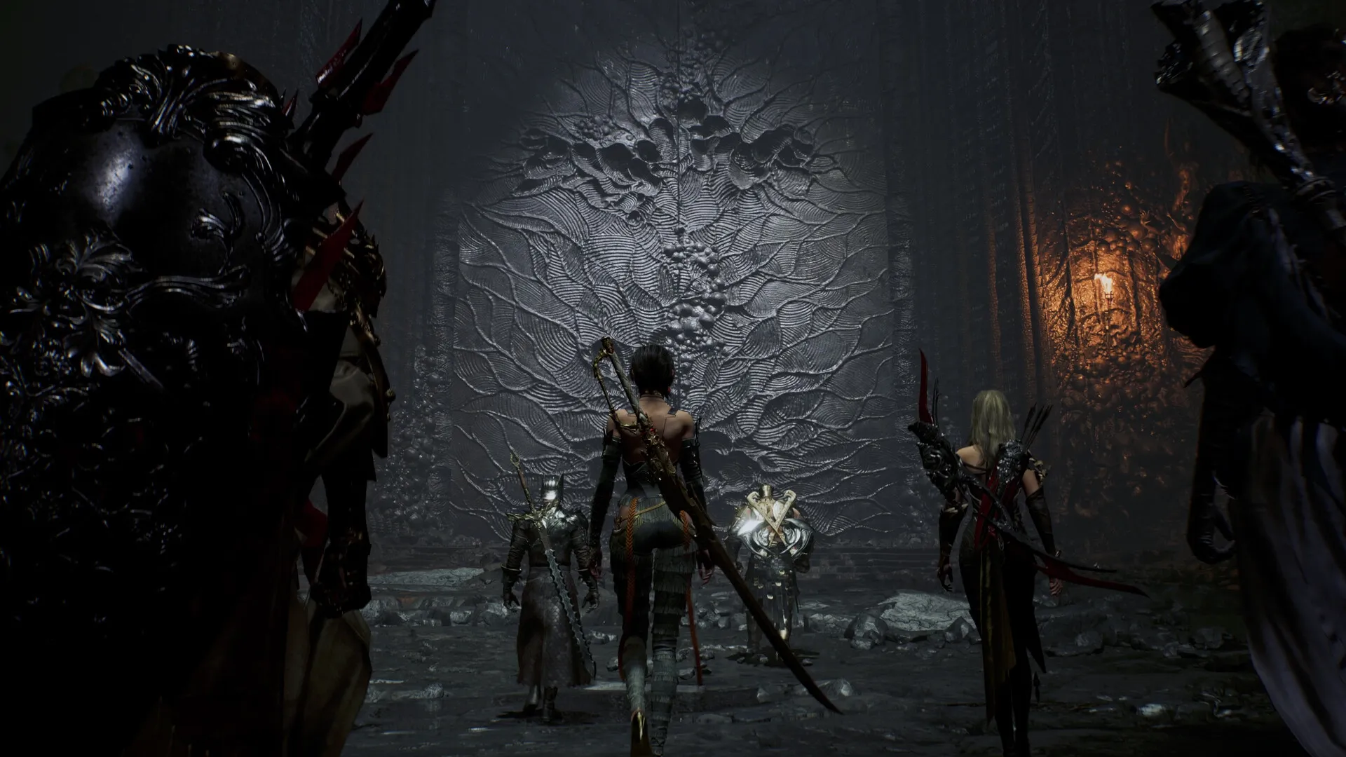 Chrono Odyssey: Adventurers approach a massive ornate gate in a dark, ancient dungeon setting.