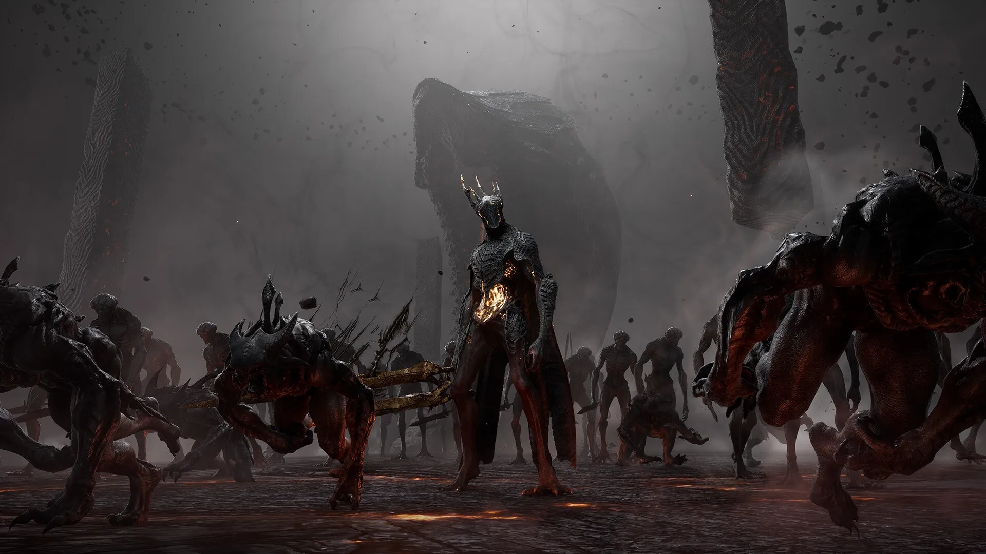 Chrono Odyssey: Dark armored figure leading monstrous creatures in a desolate, smoky battlefield.