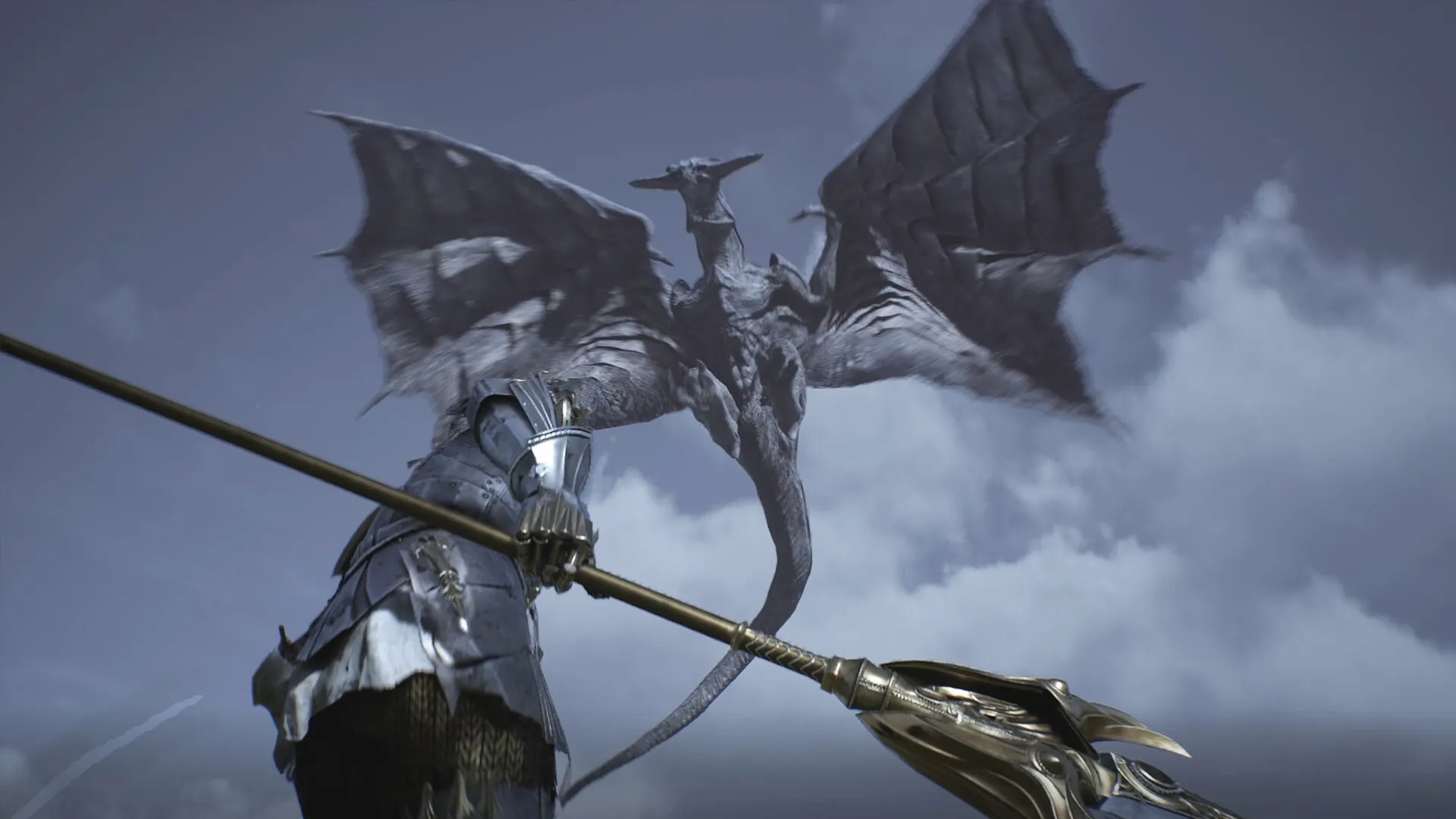 Chrono Odyssey: Armored warrior facing a massive dragon in the cloudy sky, holding a gold-tipped spear
