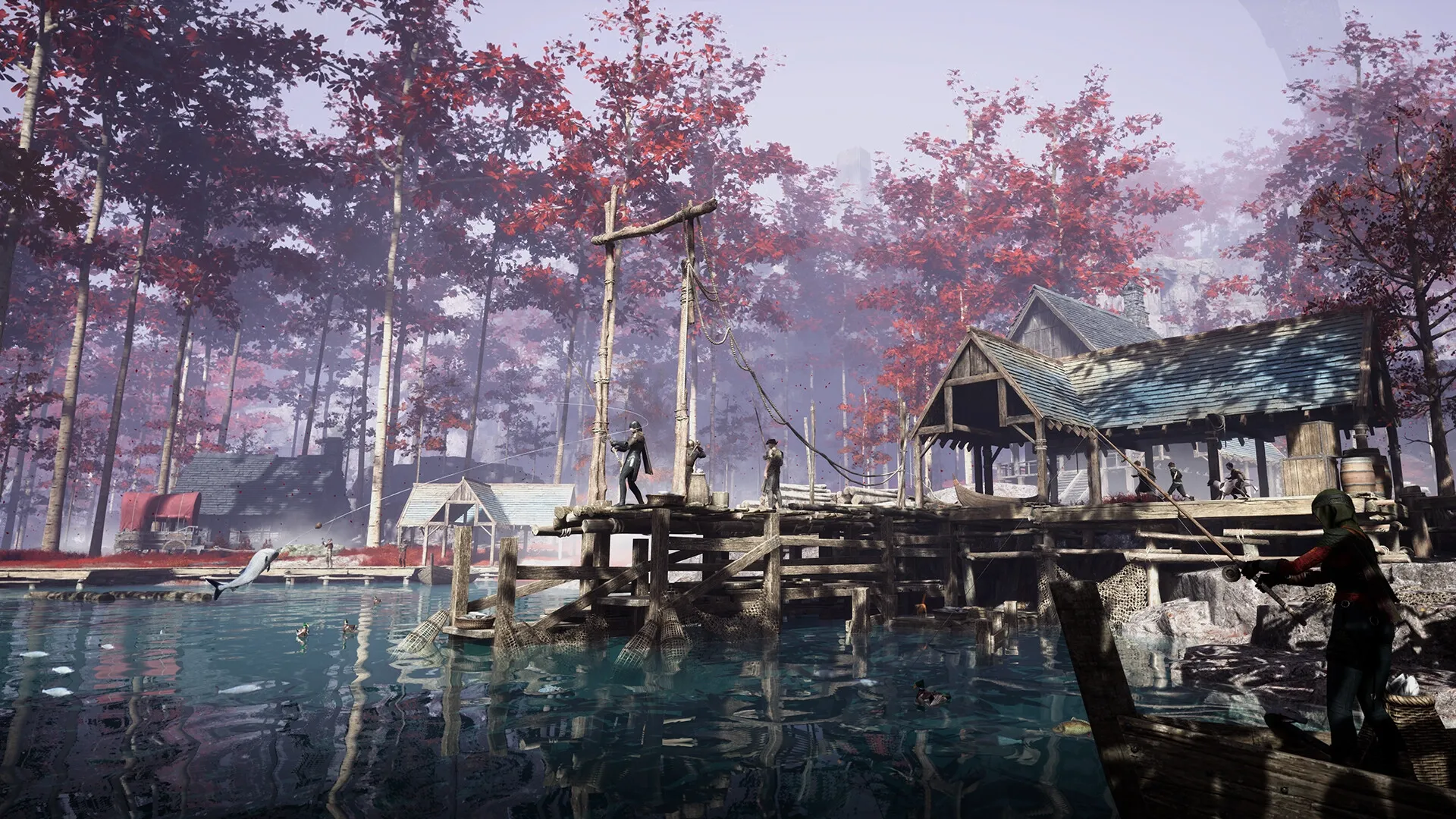 Chrono Odyssey: Characters fishing on a wooden dock in a serene forest with red-leaved trees