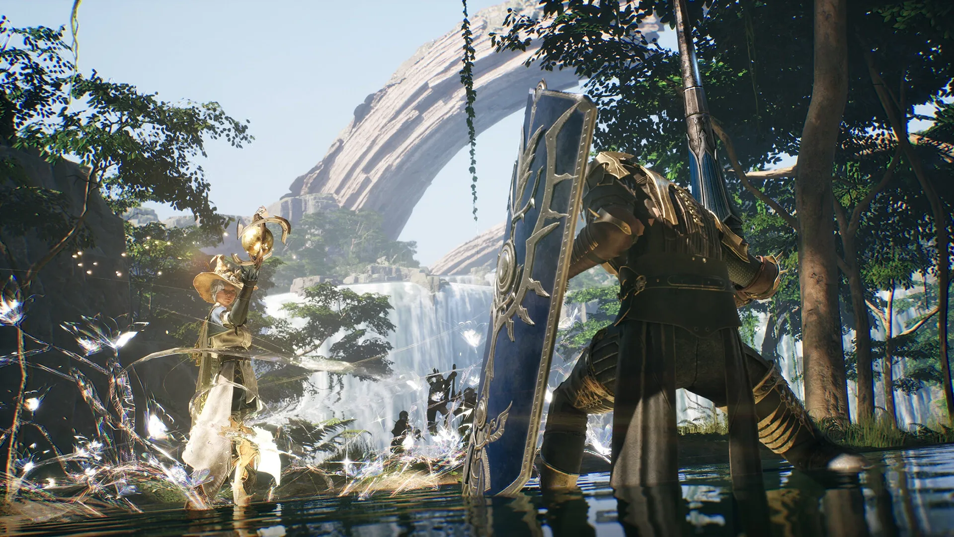 Chrono Odyssey: Two characters in magical combat beside waterfall in lush forest with stone archway