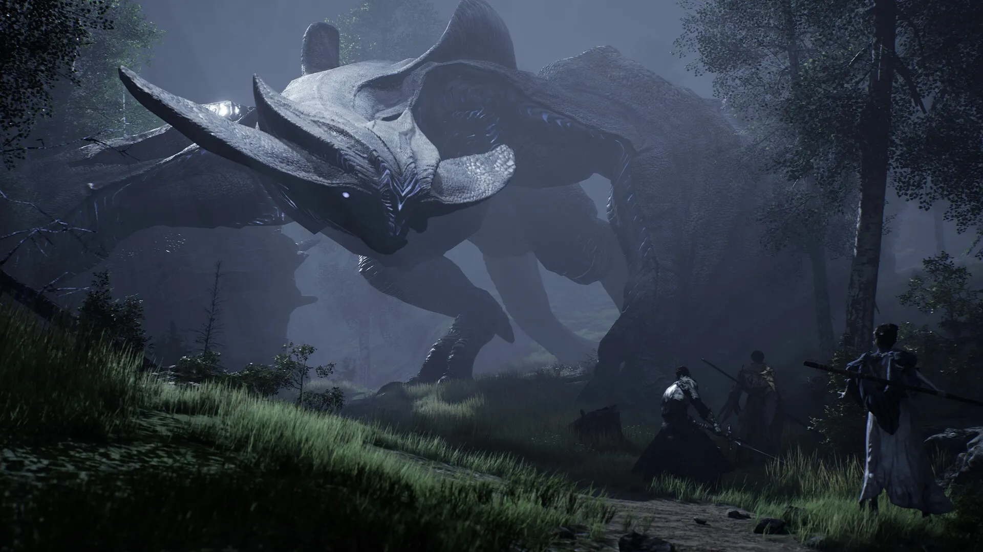 Chrono Odyssey: Adventurers face a colossal creature in a misty forest setting, readying their weapons.
