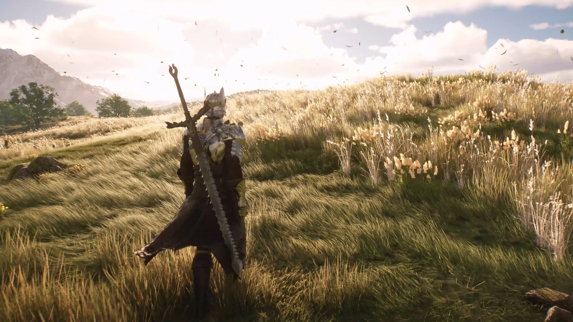 Chrono Odyssey: Armored character traversing vast grassland under a bright sky with scattered clouds