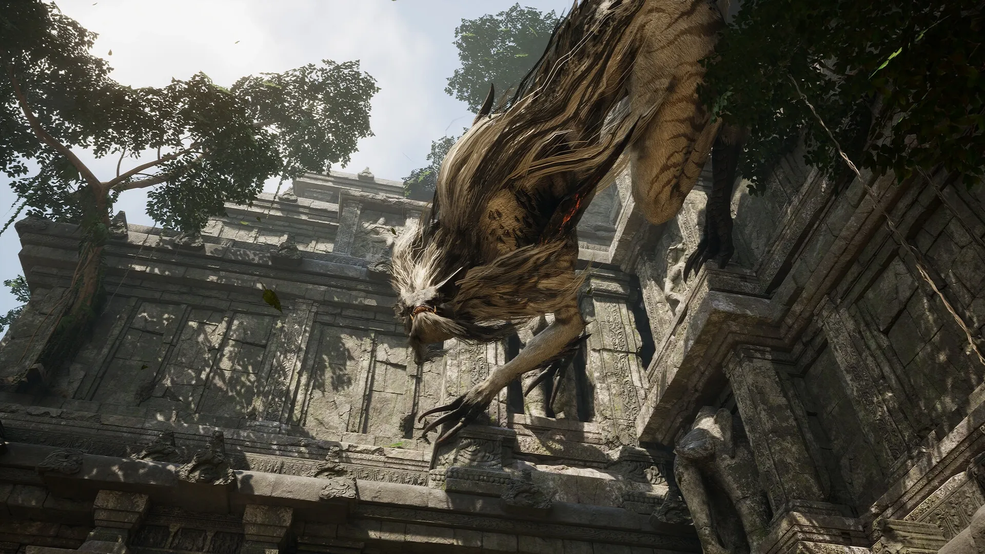 Chrono Odyssey: Enormous beast leaping from ancient stone ruins surrounded by dense jungle foliage
