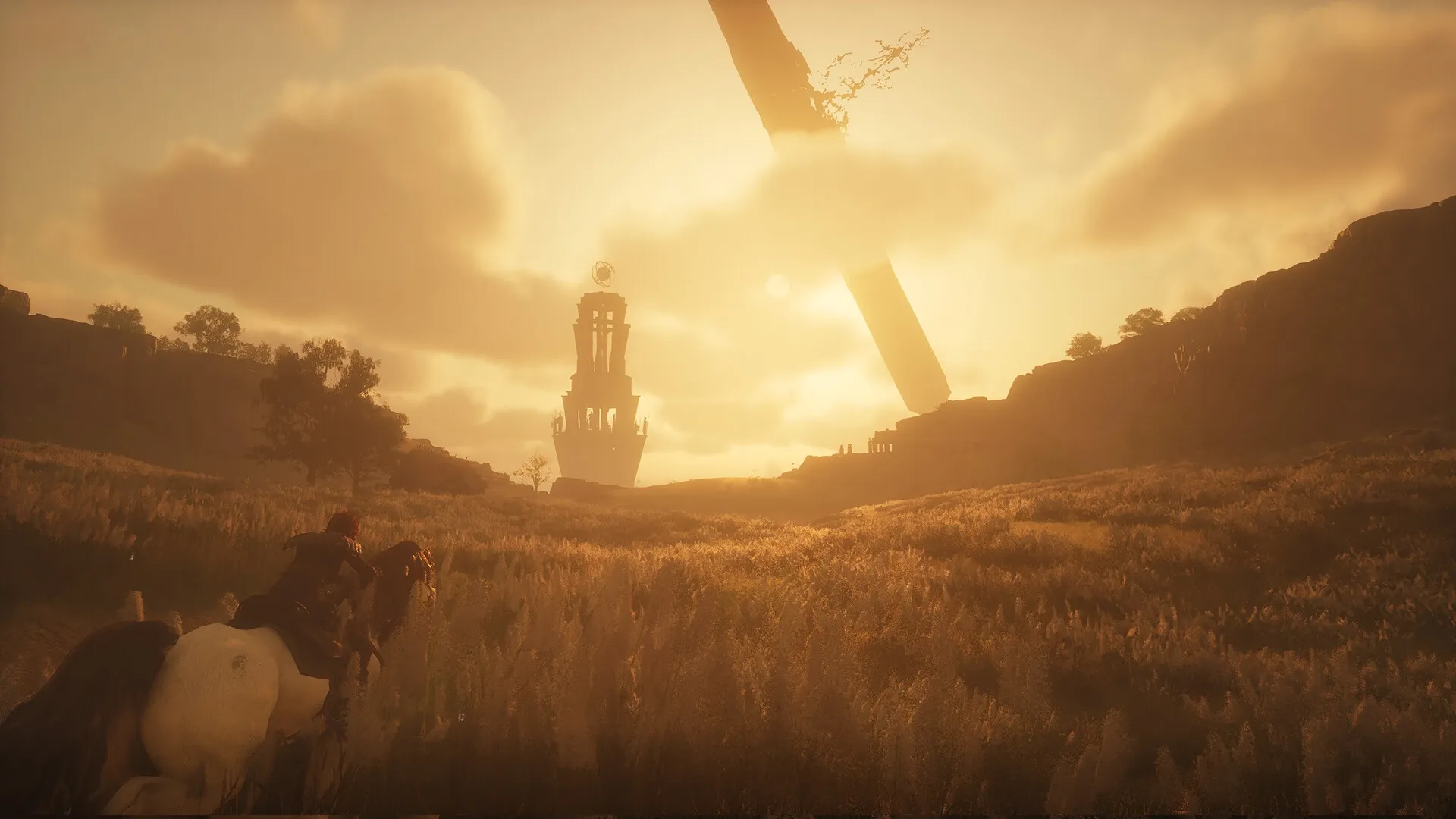 Chrono Odyssey: Player on horseback rides through golden fields toward distant tower at sunset.