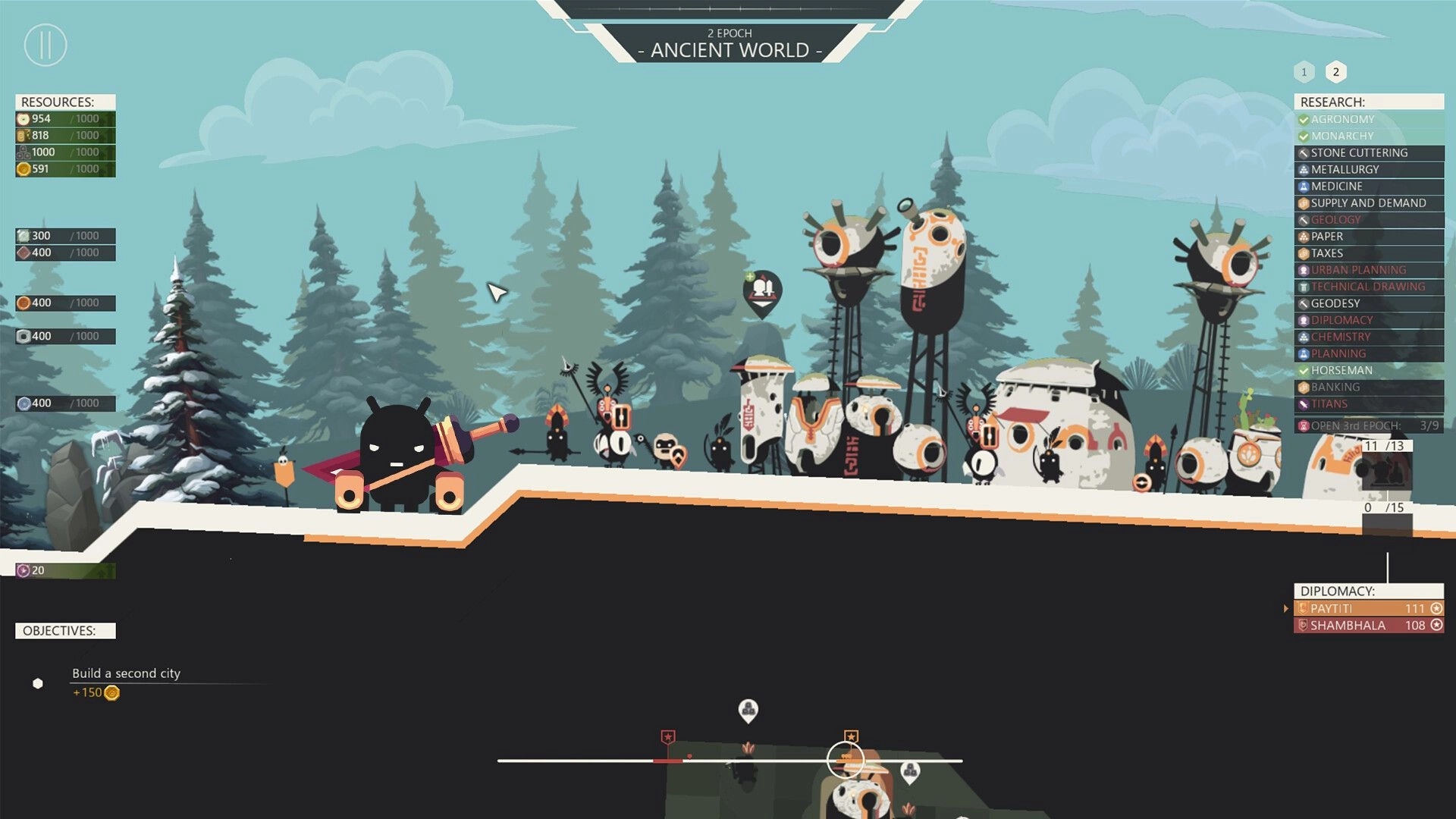 Chronocracy: Character with sword near village in snowy forest, resource and research menus visible
