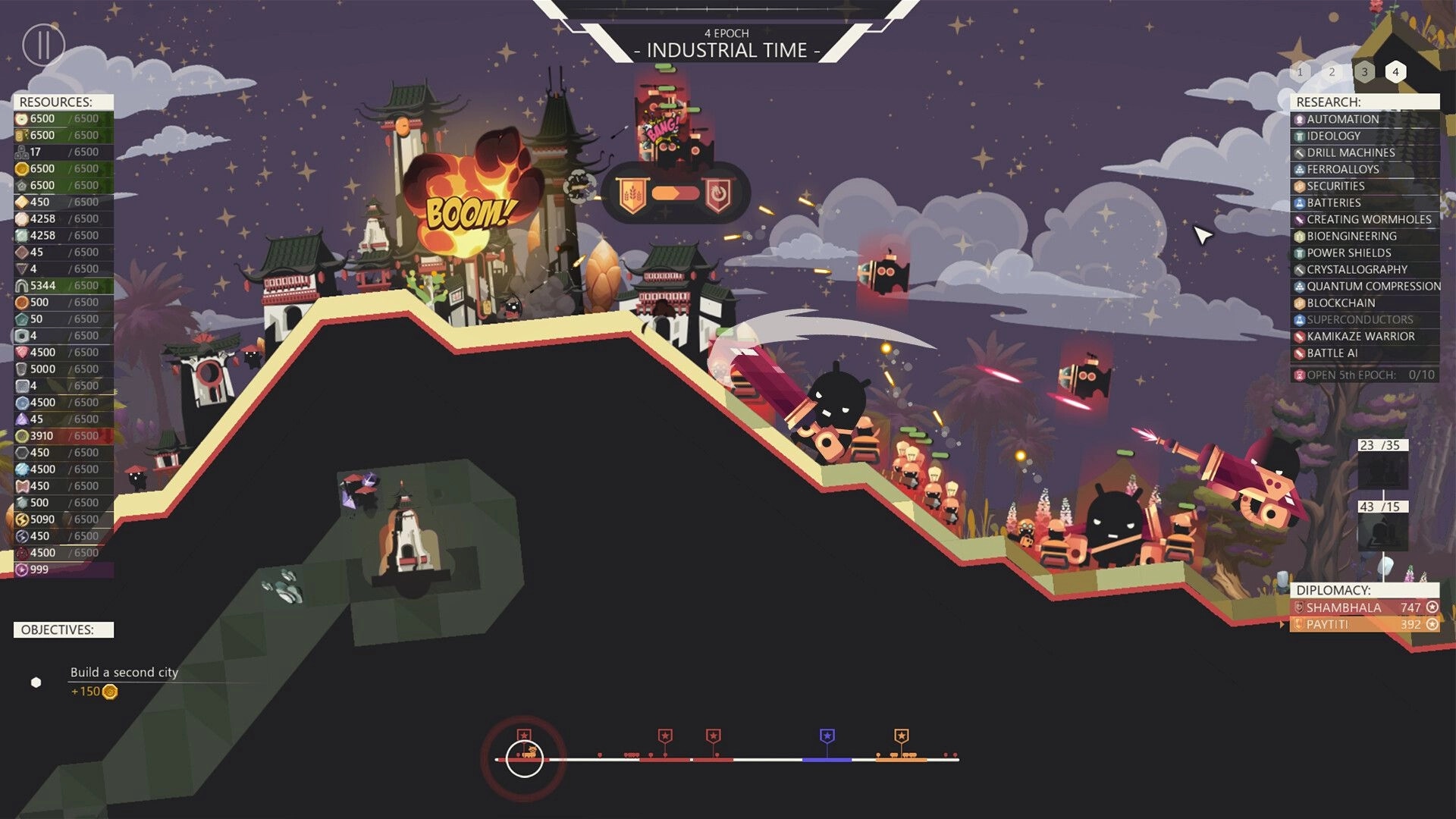 Chronocracy: Battle scene with explosions and enemies in a stylized village during Industrial Time epoch.