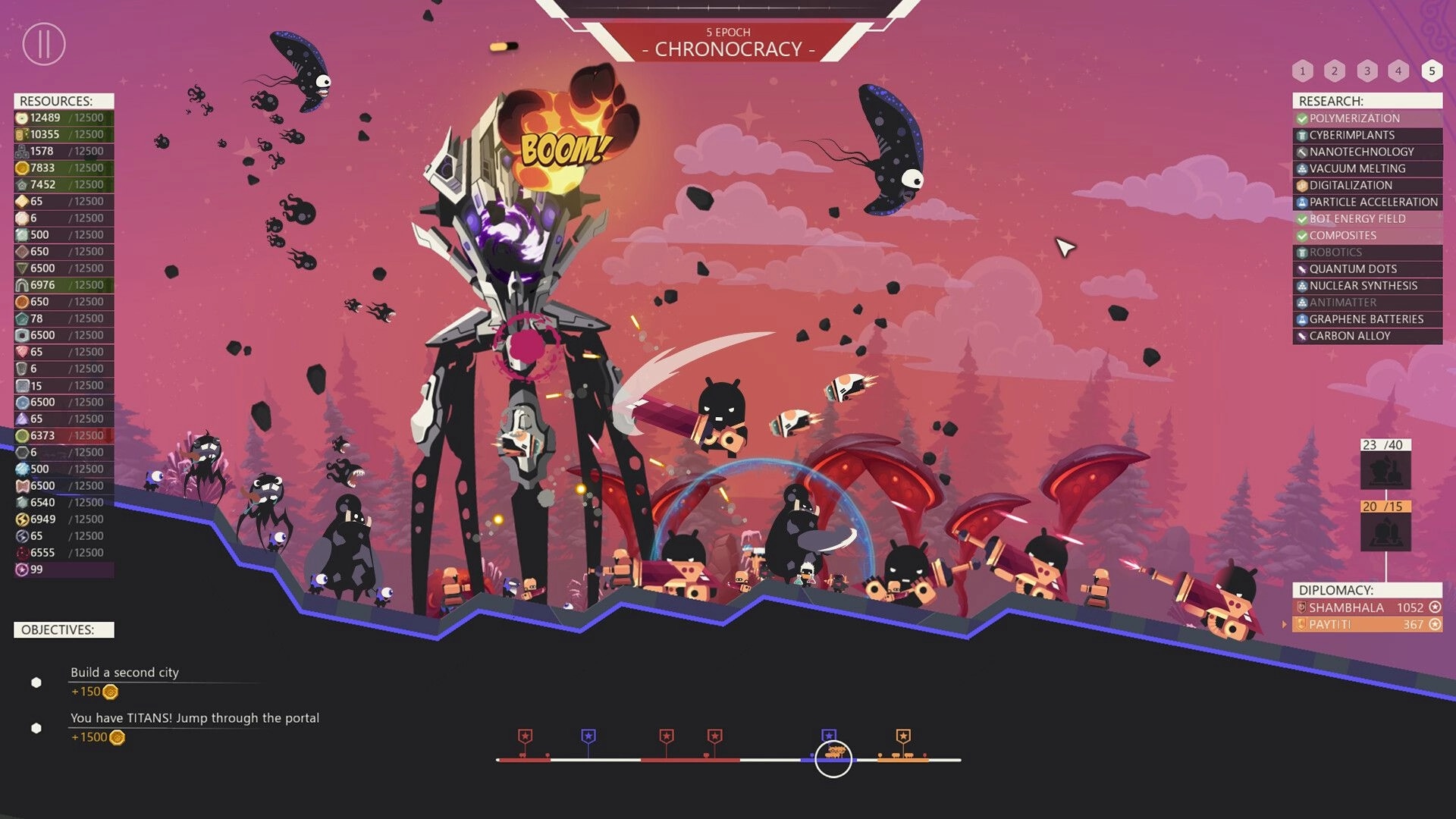 Chronocracy: Epic battle with giant mech in alien landscape, resource and research menus visible