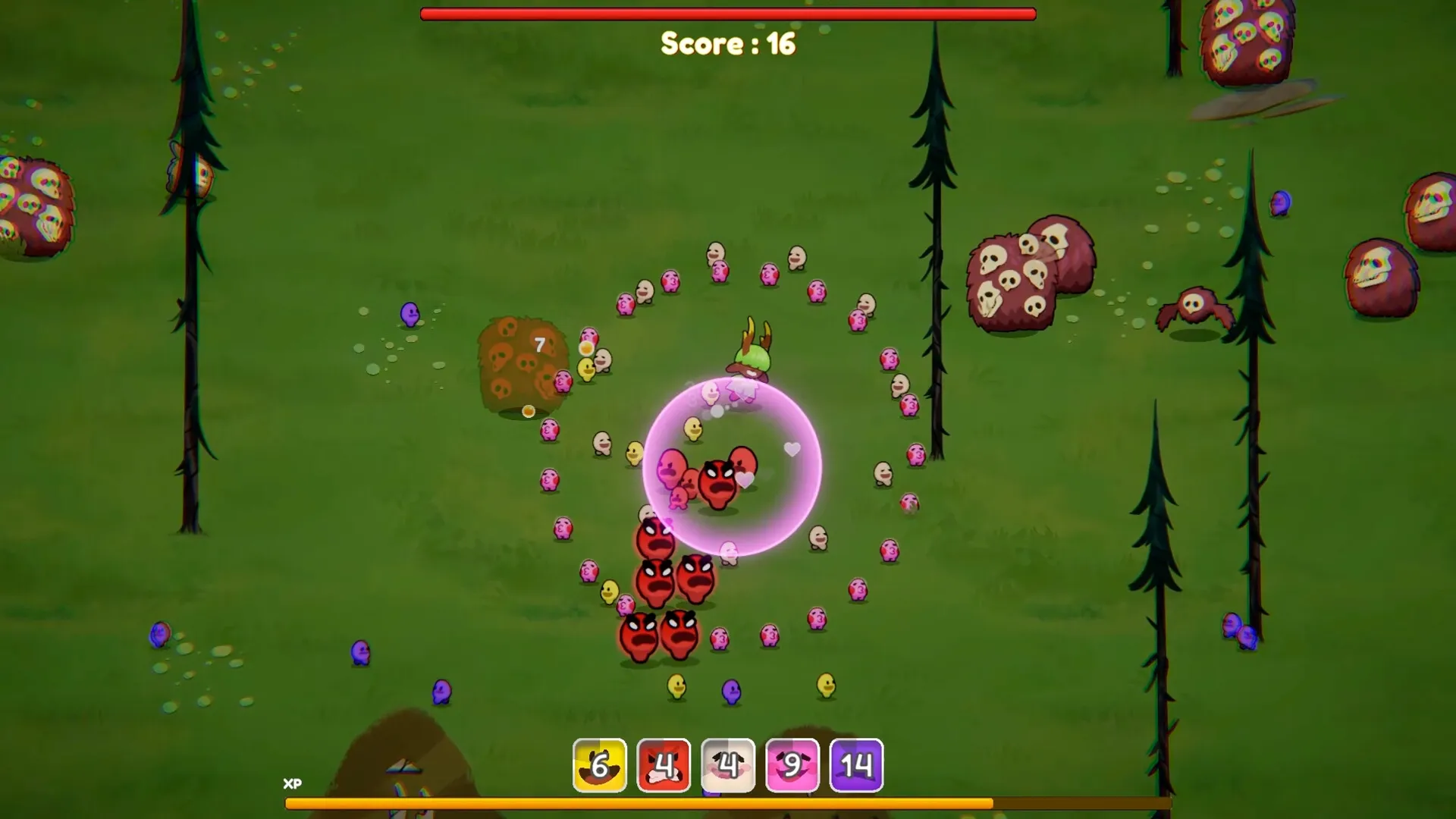 Chumini: Army of Chuminis in pink bubble formation battling demons in forest with score and abilities visible